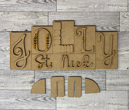 Jolly St. Nick word kit - wood pieces, unpainted wood cutouts, ready for you to paint, scrapbook paper is not included