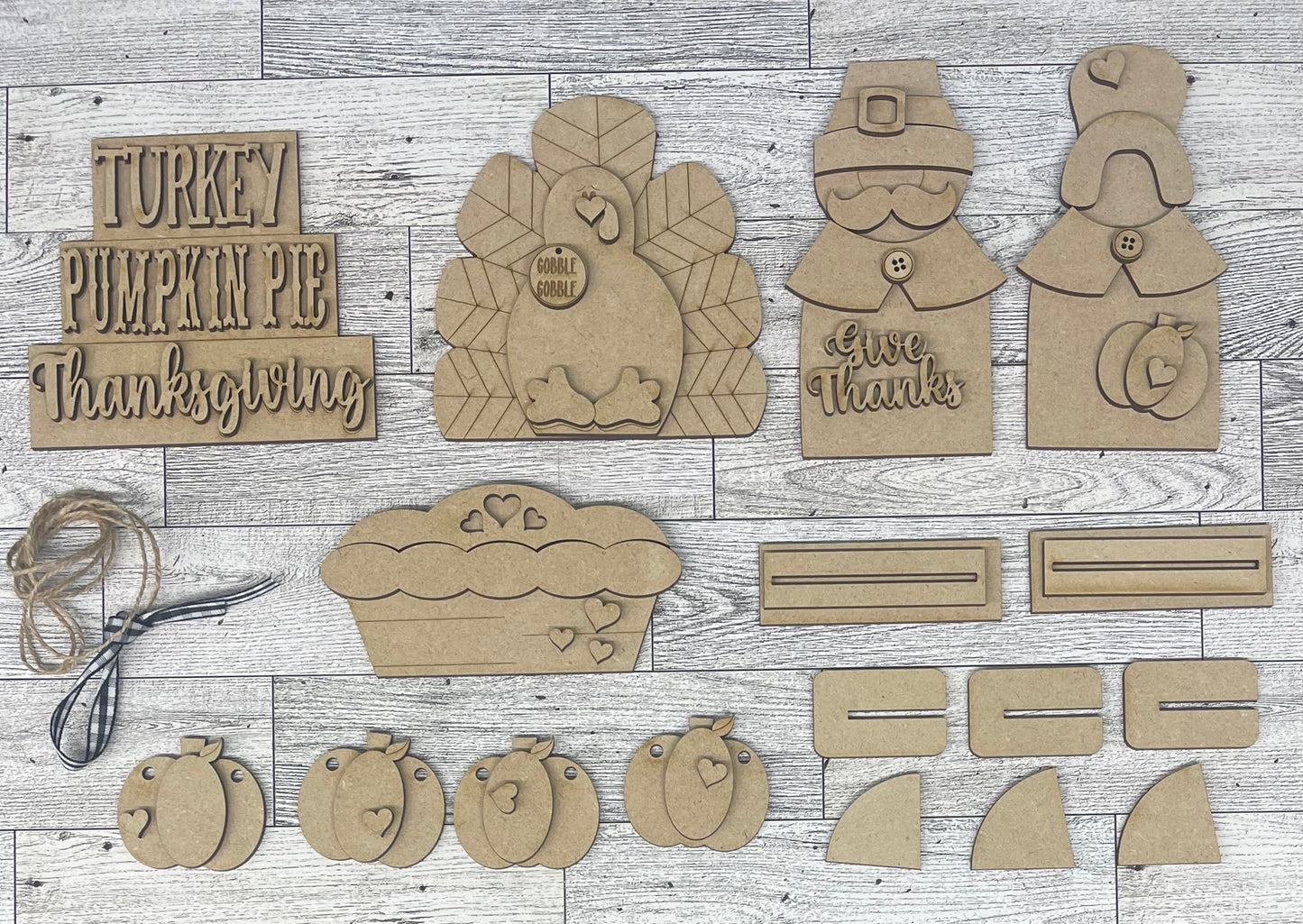 Thanksgiving Tiered Tray kit, unpainted wooden cutouts - Bee kit ready for you to paint, includes jute