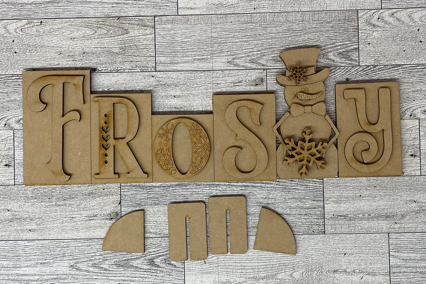 Frosty word kit - wood pieces, unpainted wood cutouts, ready for you to paint, scrapbook paper is not included