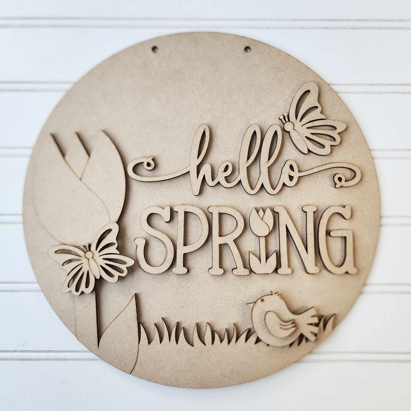 Hello Spring round sign kit, unpainted wooden cutouts - diy kit ready for you to paint, includes the circle
