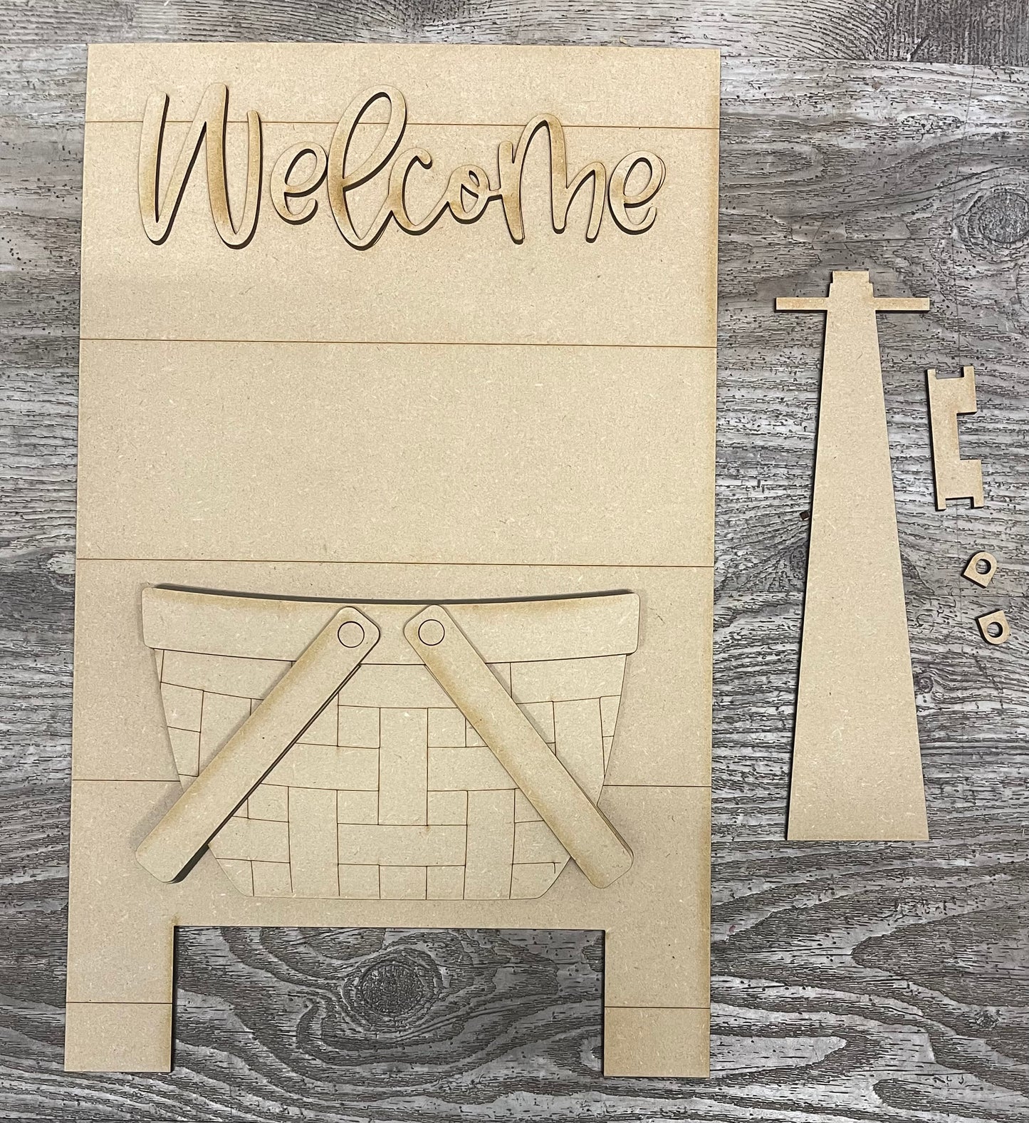 Leaning Welcome sign with basket to be used with the removable pieces unpainted wood cutouts, ready for you to paint