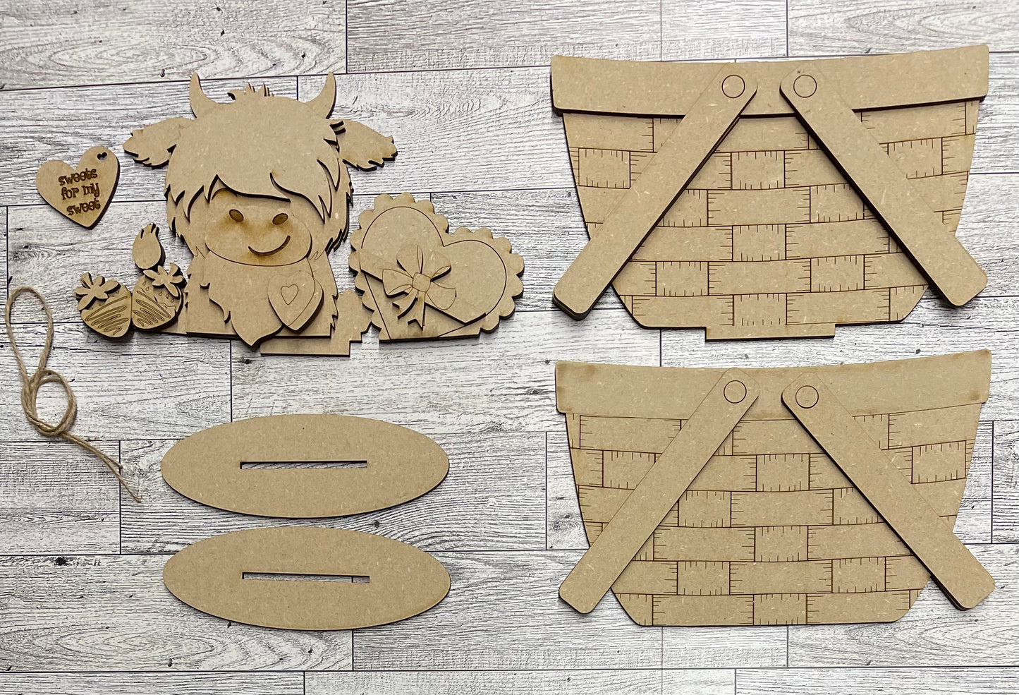 Valentines Highland Cow Basket insert cutouts unpainted ready for you to finish