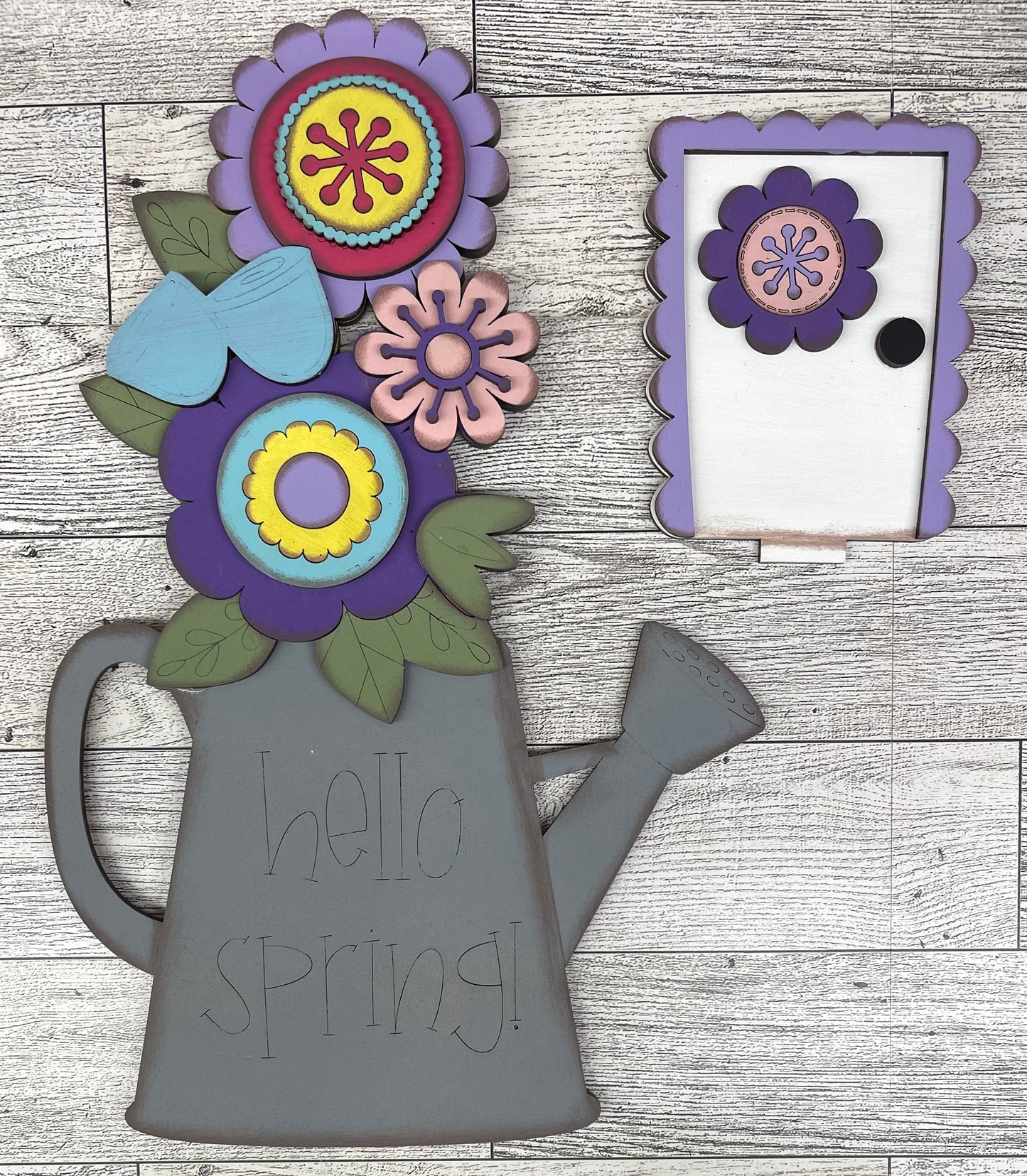 Hello Spring Watering Can Birdhouse changeable standing kit only - wood pieces, unpainted wood cutouts, ready for you to paint, sign backer is not included