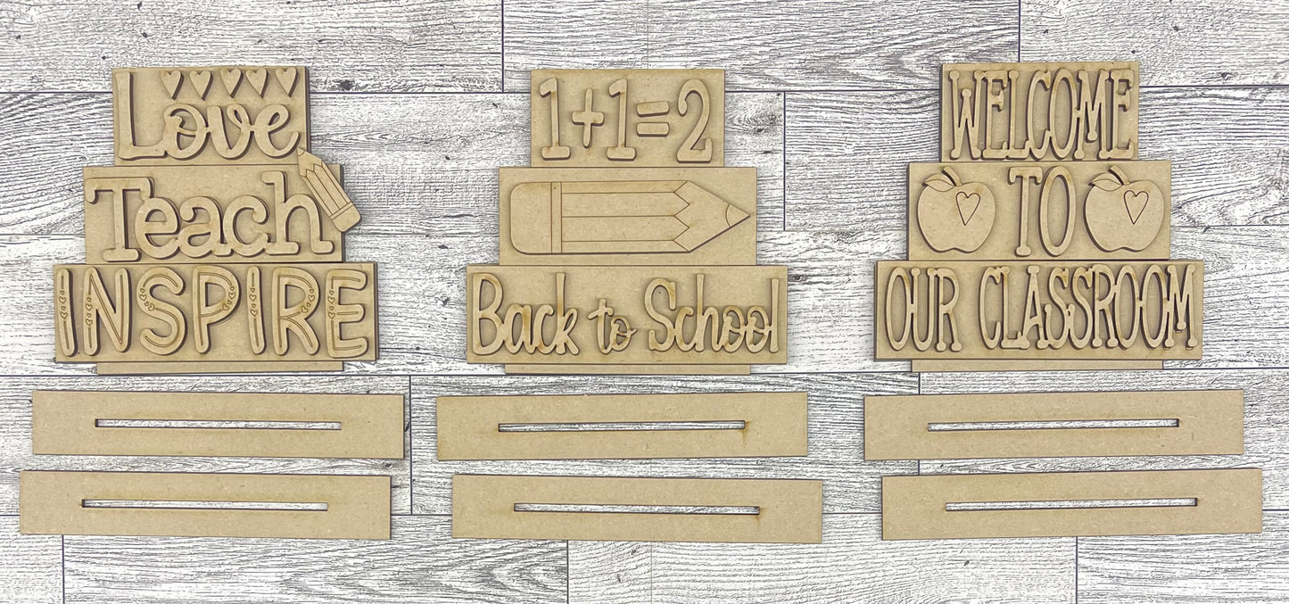 Teacher word stacker kits - wood pieces, unpainted wood cutouts, ready for you to paint, scrapbook paper is not included lol