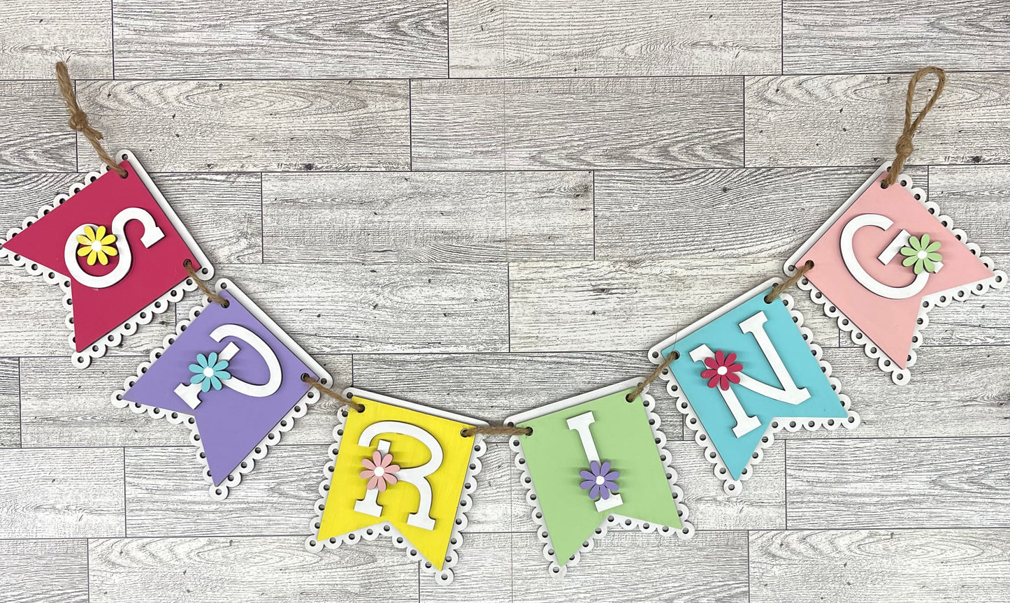 Spring banner Wood Cutouts unpainted ready for you to paint - with jute