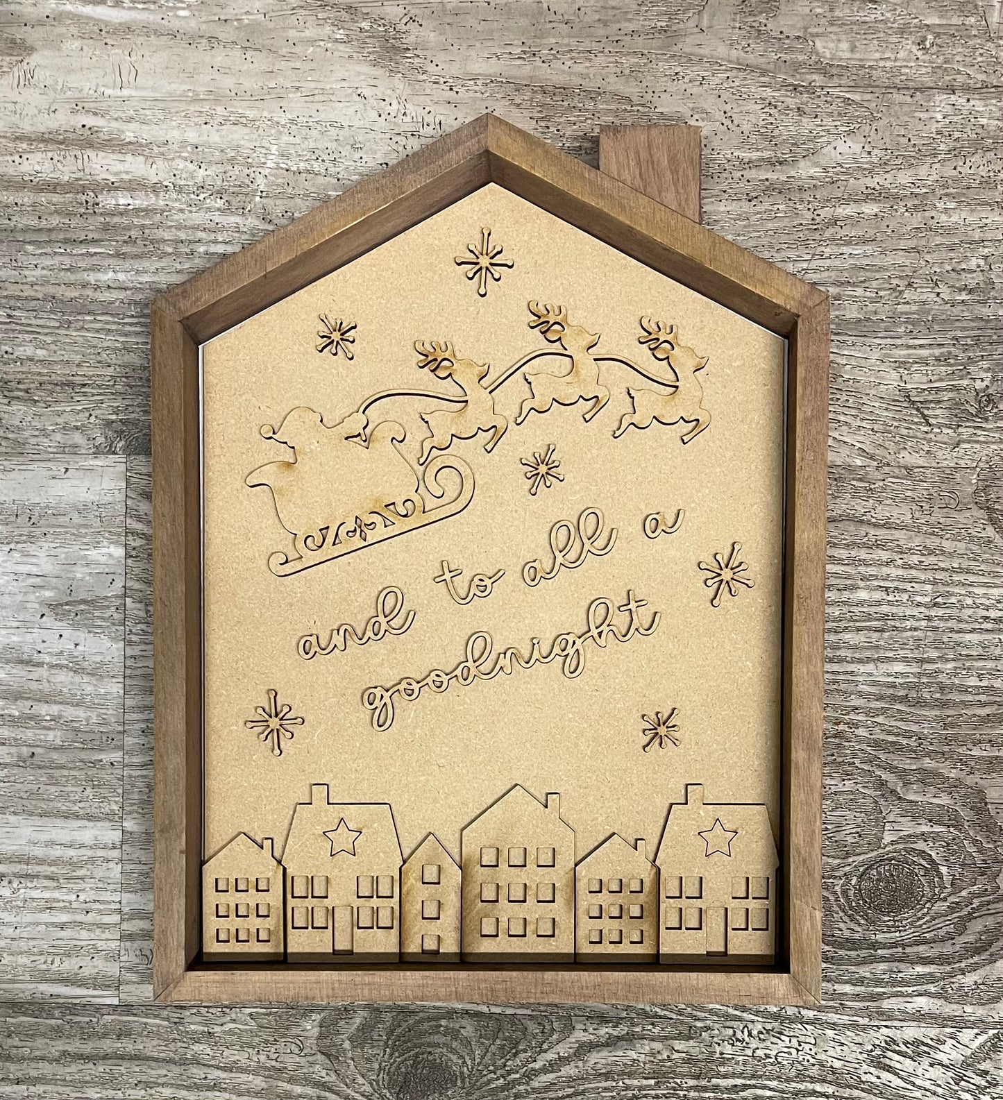 And to all a good night house Add on kit, house frame not included, unpainted wood pieces Insert, Roof, Cutouts