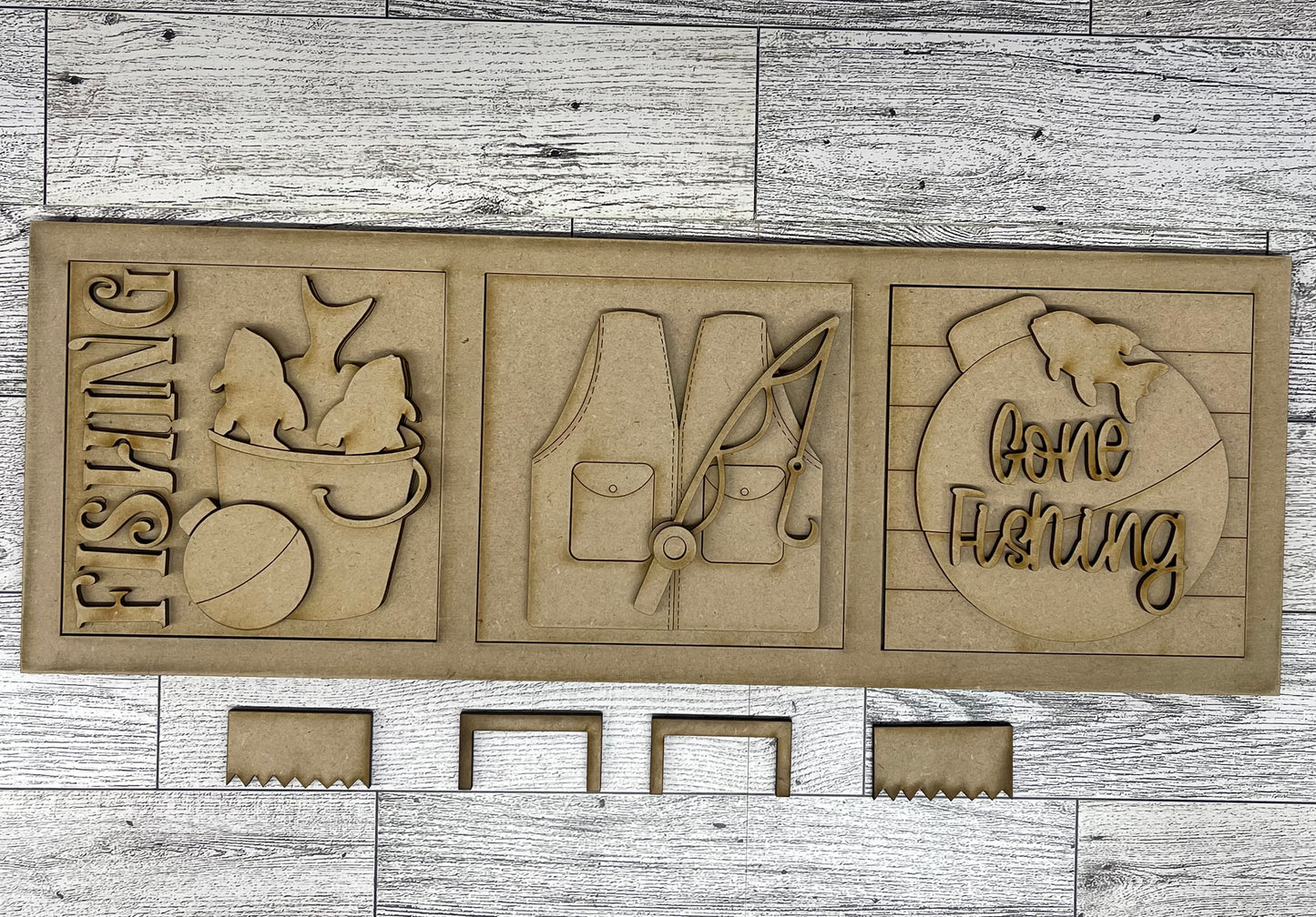 Gone Fishing Leaning ladder inserts and sign cutouts - unpainted wooden cutouts, ready for you to paint