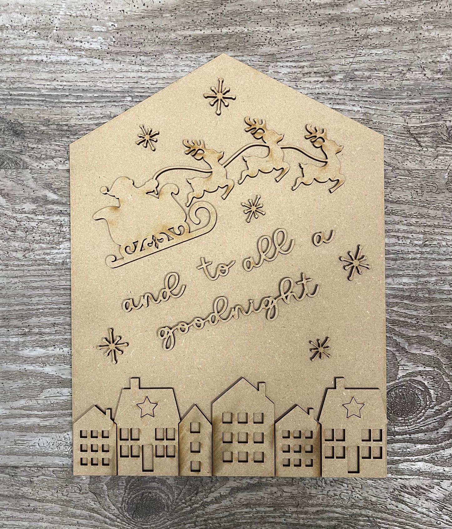 And to all a good night house Add on kit, house frame not included, unpainted wood pieces Insert, Roof, Cutouts