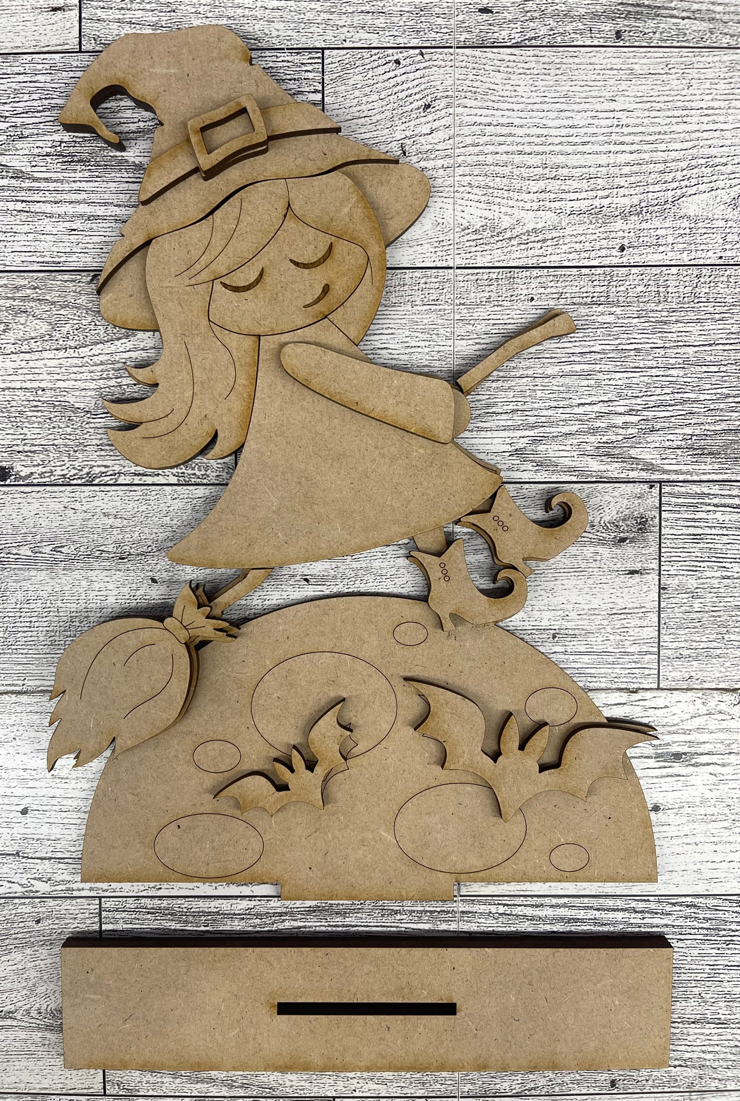 Halloween Flying Witch Sitter - unpainted wooden cutouts, ready for you to paint