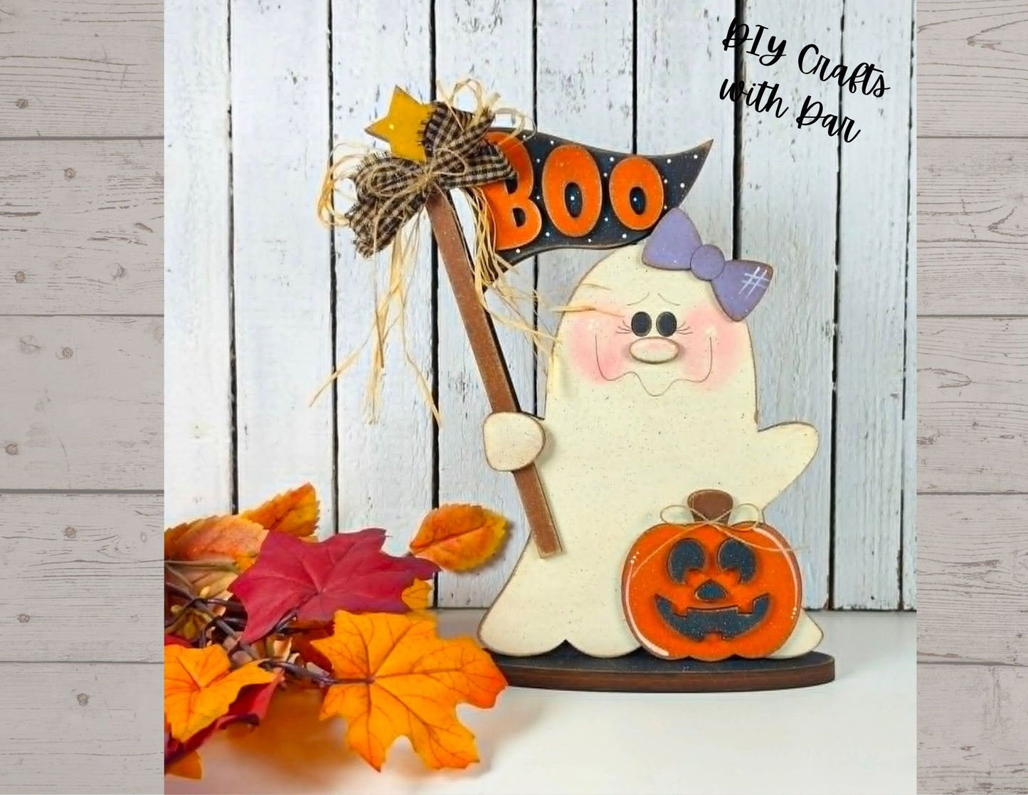 Ghost with Boo Flag Stander - unpainted wooden cutouts, ready for you to paint