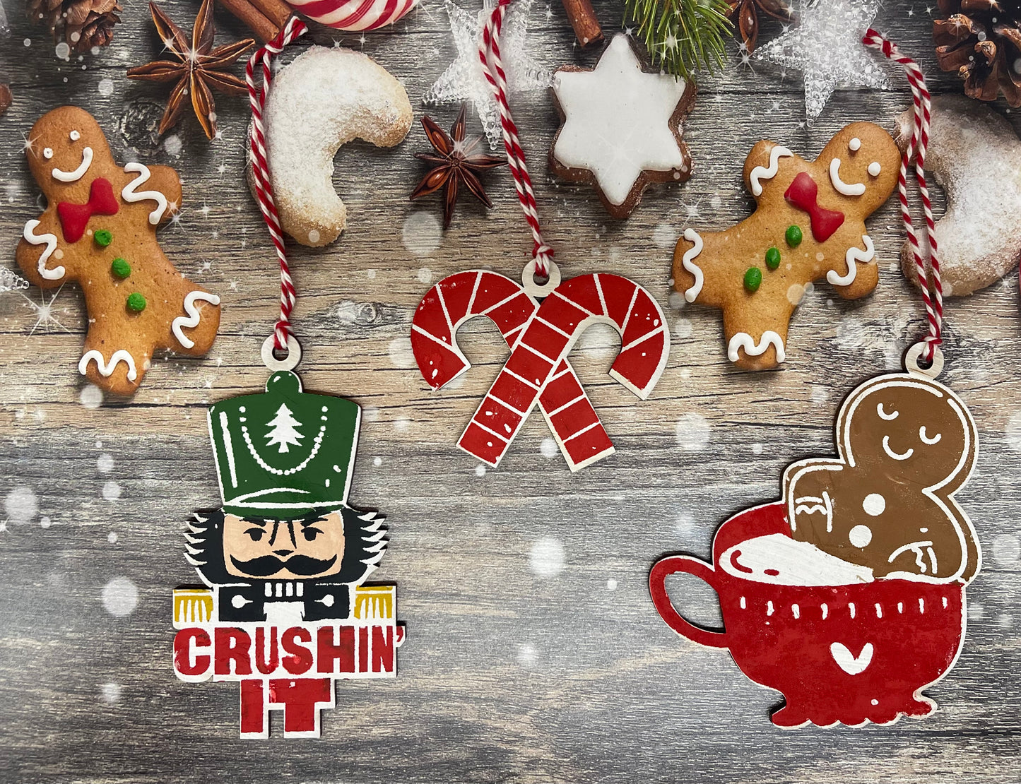 Sweet & Twisted - Gingerbread Cocoa, Nutcracker & Candy Cane cutouts - unpainted wooden cutouts, ready for you to paint