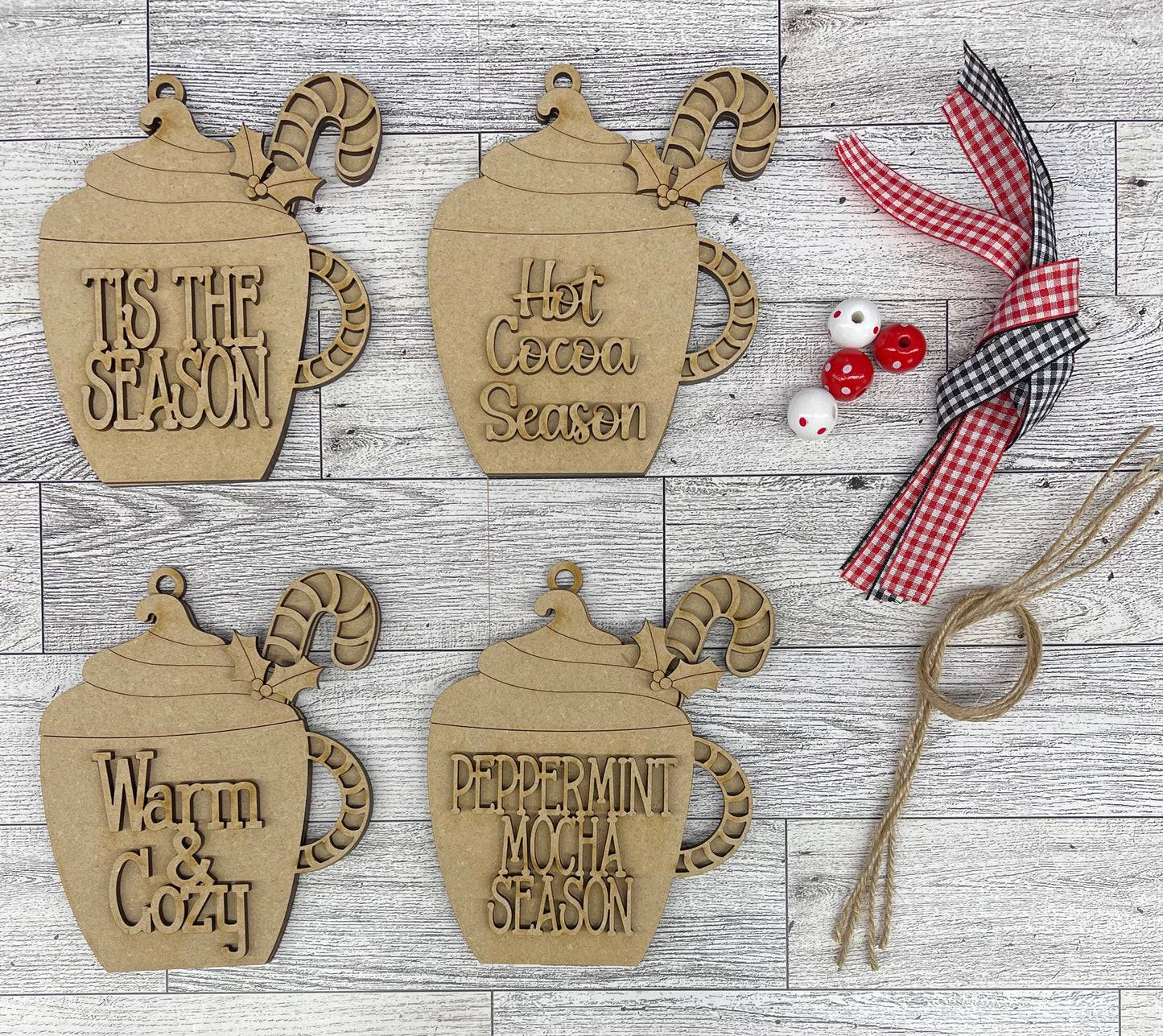 Hot Cocoa Ornaments - wood ornament cutout, unpainted ready for you to finish