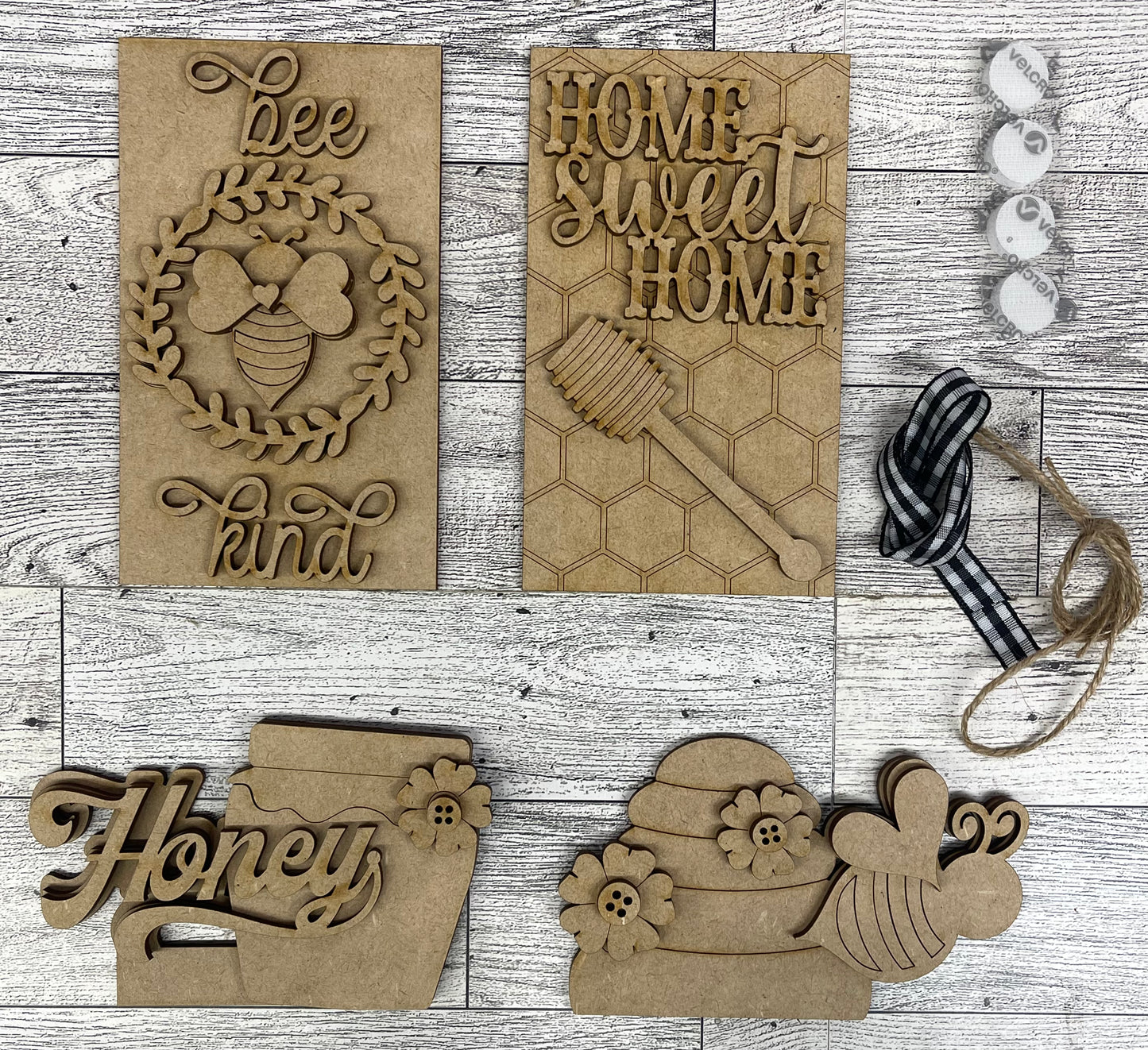 Bee Kind Insert for the Cottage Cabinet - unpainted wooden cutouts, ready for you to paint
