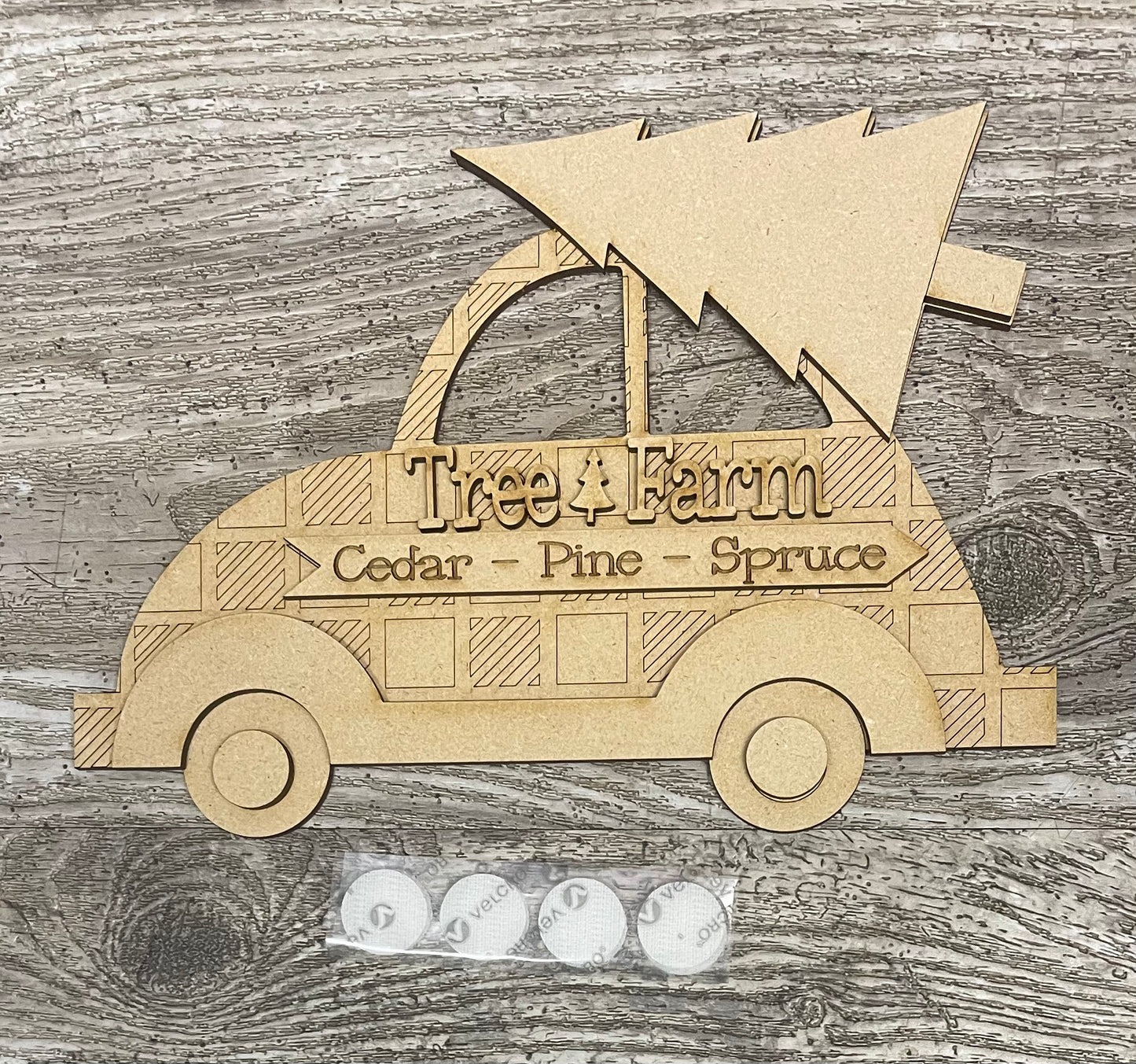 Tree Farm Changeable Car kit - insert only, unpainted wooden cutouts - ready for you to paint