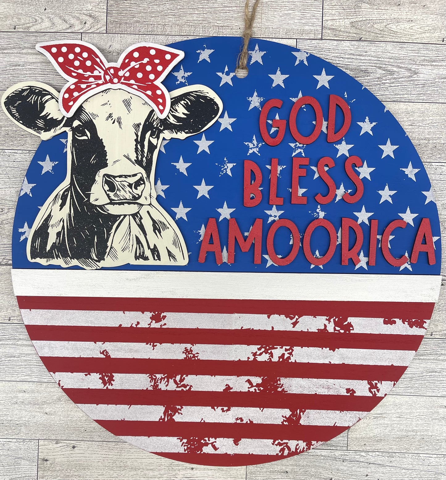 God Bless Amoorica Patriotic Cow sign pieces - Unfinished wooden cow cutout pieces, back circle not included