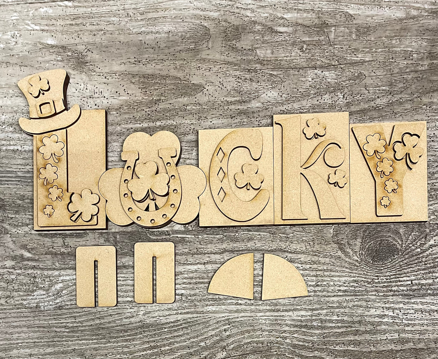 Lucky - St. Patricks Day word kit - wood pieces, unpainted wood cutouts, ready for you to paint, scrapbook paper is not included
