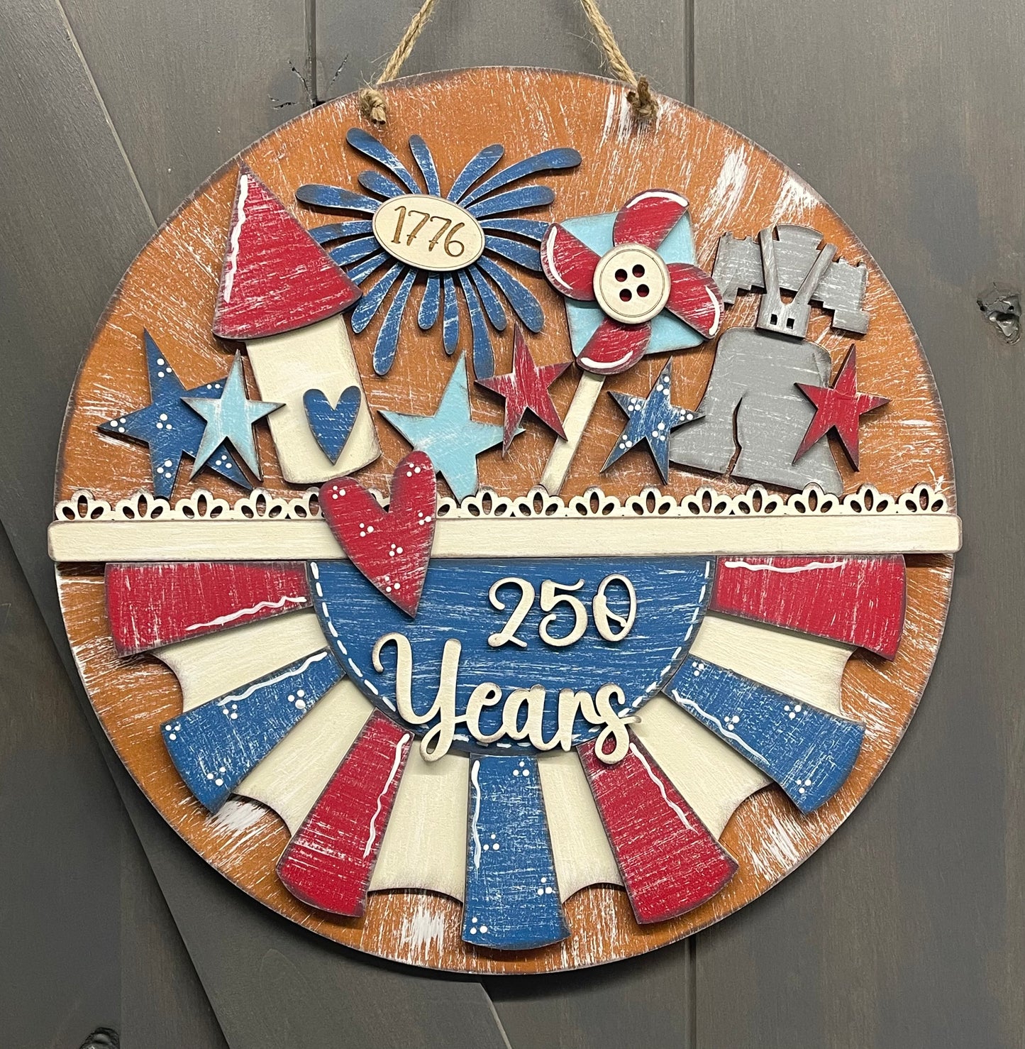 Large Patriotic 250 Years Door Hanger - unpainted wooden cutouts, ready for you to paint