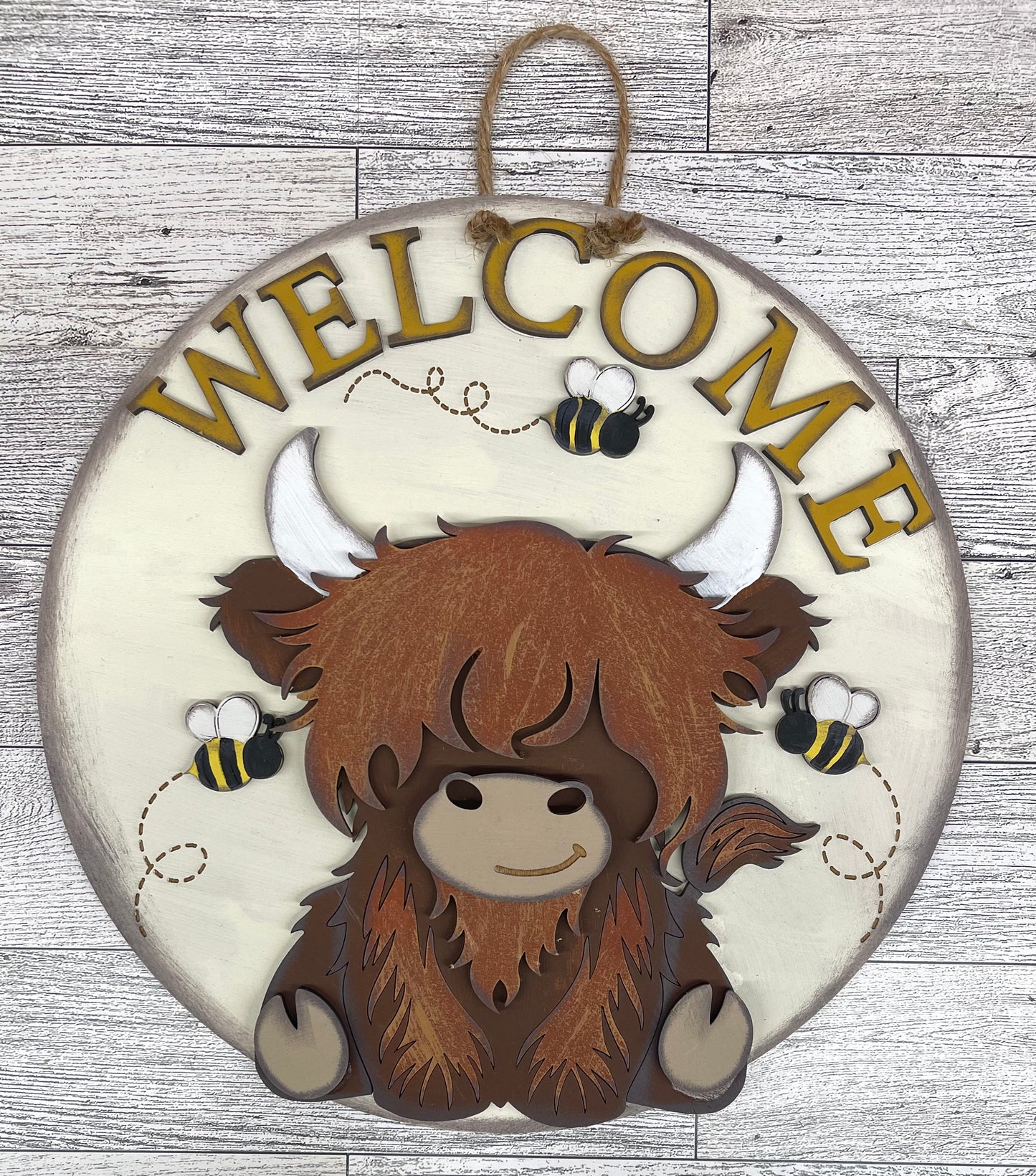 Highland Cow Bee sign and cutouts - unpainted wooden cutouts, ready for you to paint