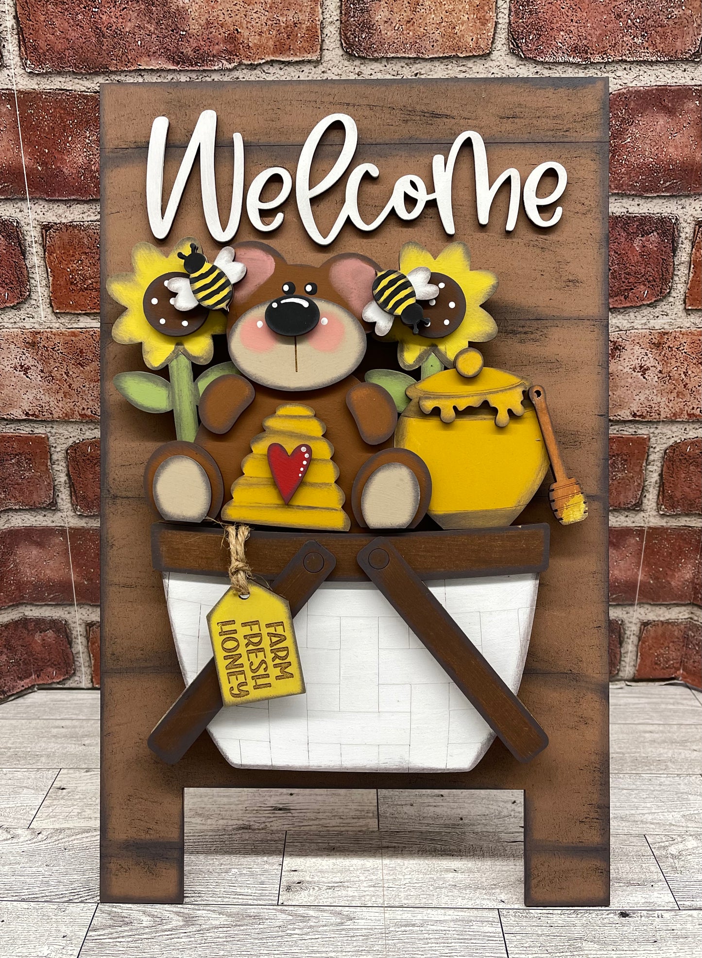 Leaning Welcome sign with basket to be used with the removable pieces unpainted wood cutouts, ready for you to paint