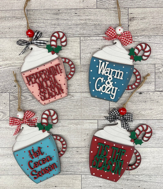 Hot Cocoa Ornaments - wood ornament cutout, unpainted ready for you to finish