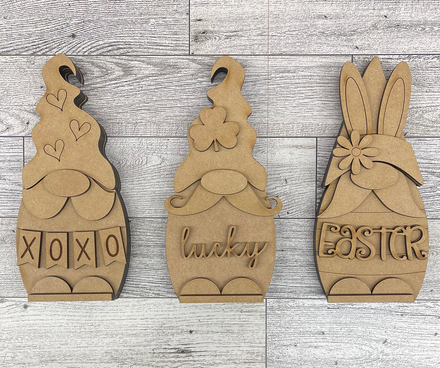 Chunky Valentine’s, St. Patricks, Easter Gnome trio- wood cutouts, unpainted ready for you to paint