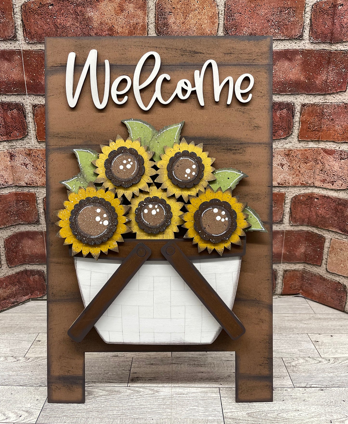 Leaning Welcome sign with basket to be used with the removable pieces unpainted wood cutouts, ready for you to paint