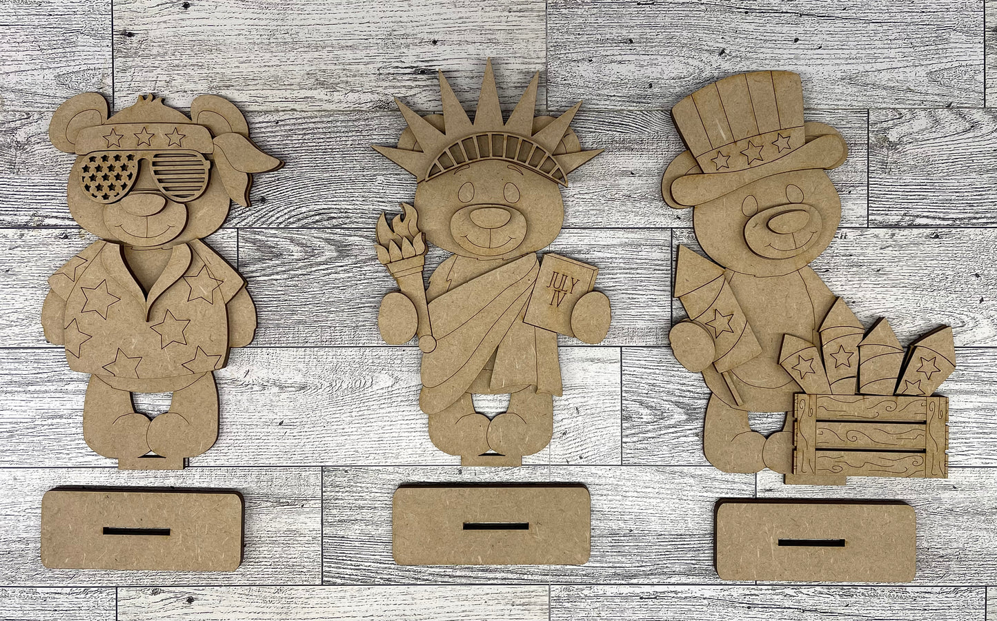 $10.00 Thursday - Patriotic Bear Standers - set of 3 - unpainted cutouts ready for you to finish