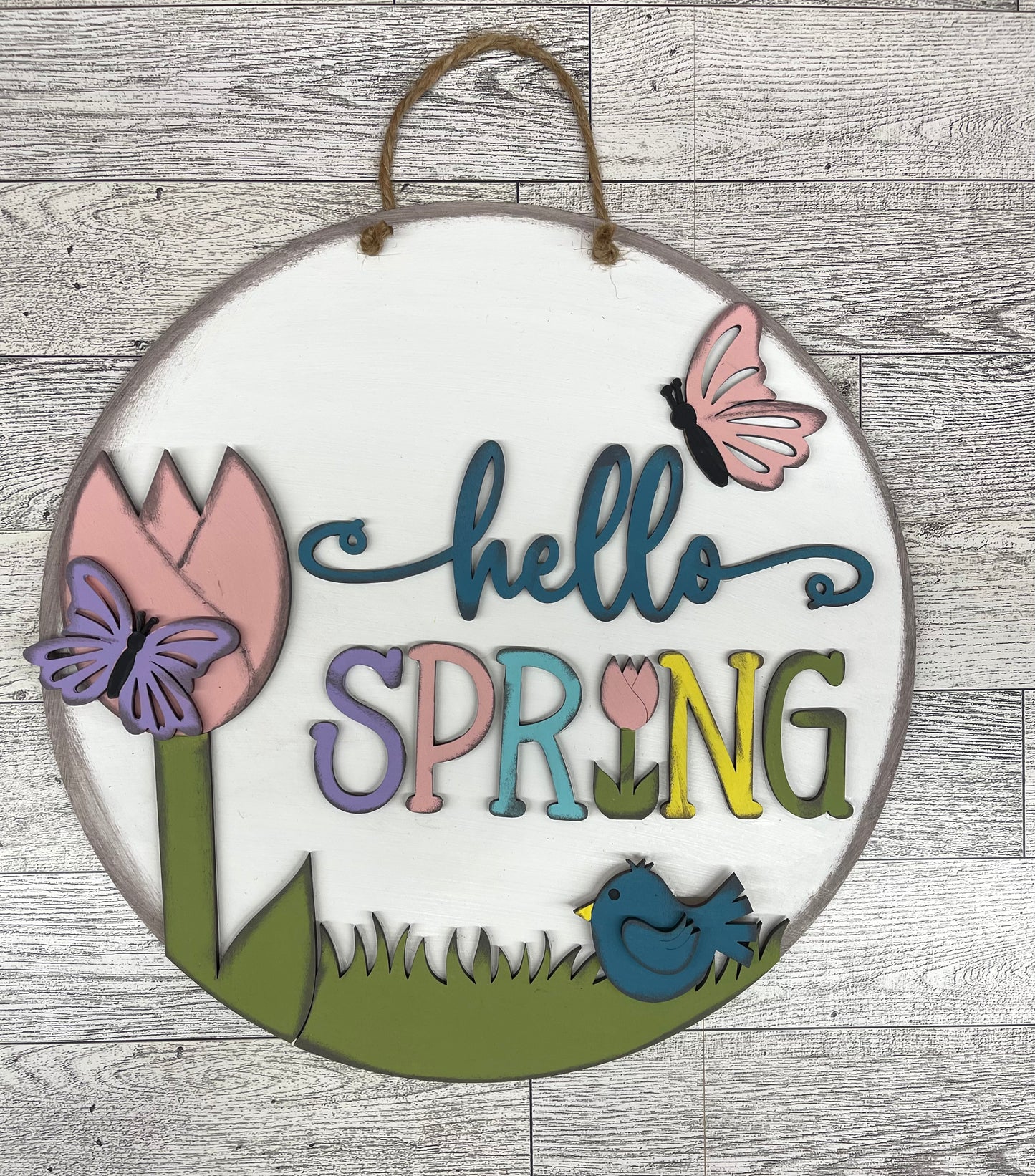 Hello Spring round sign kit, unpainted wooden cutouts - diy kit ready for you to paint, includes the circle