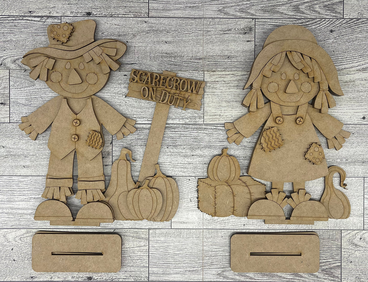 Boy and Girl Scarecrow with Pumpkins Stander - unpainted cutouts, ready to paint