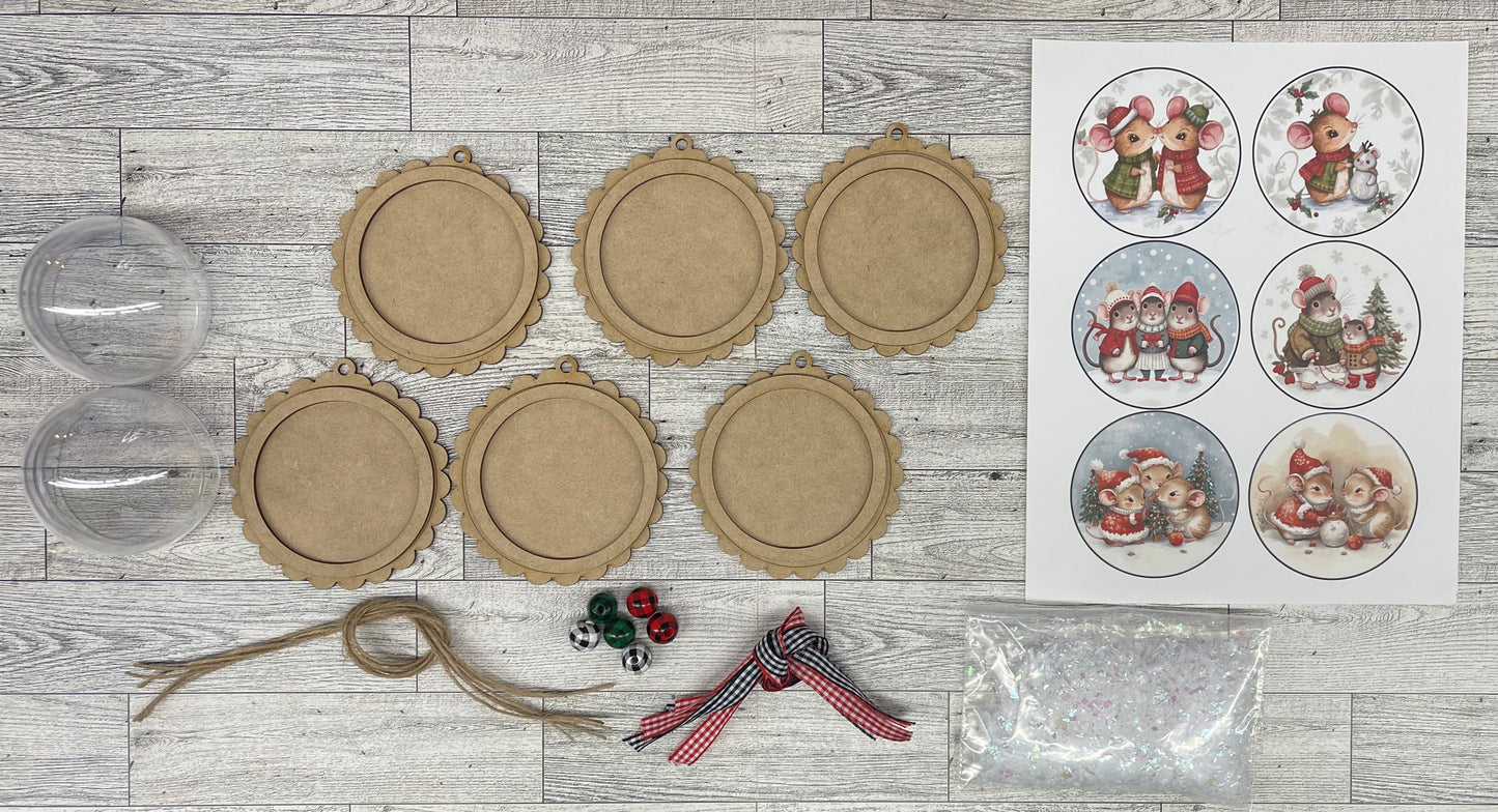 Mice Decoupage Christmas Globe Ornaments Set of 6 unpainted cutouts - ready to paint