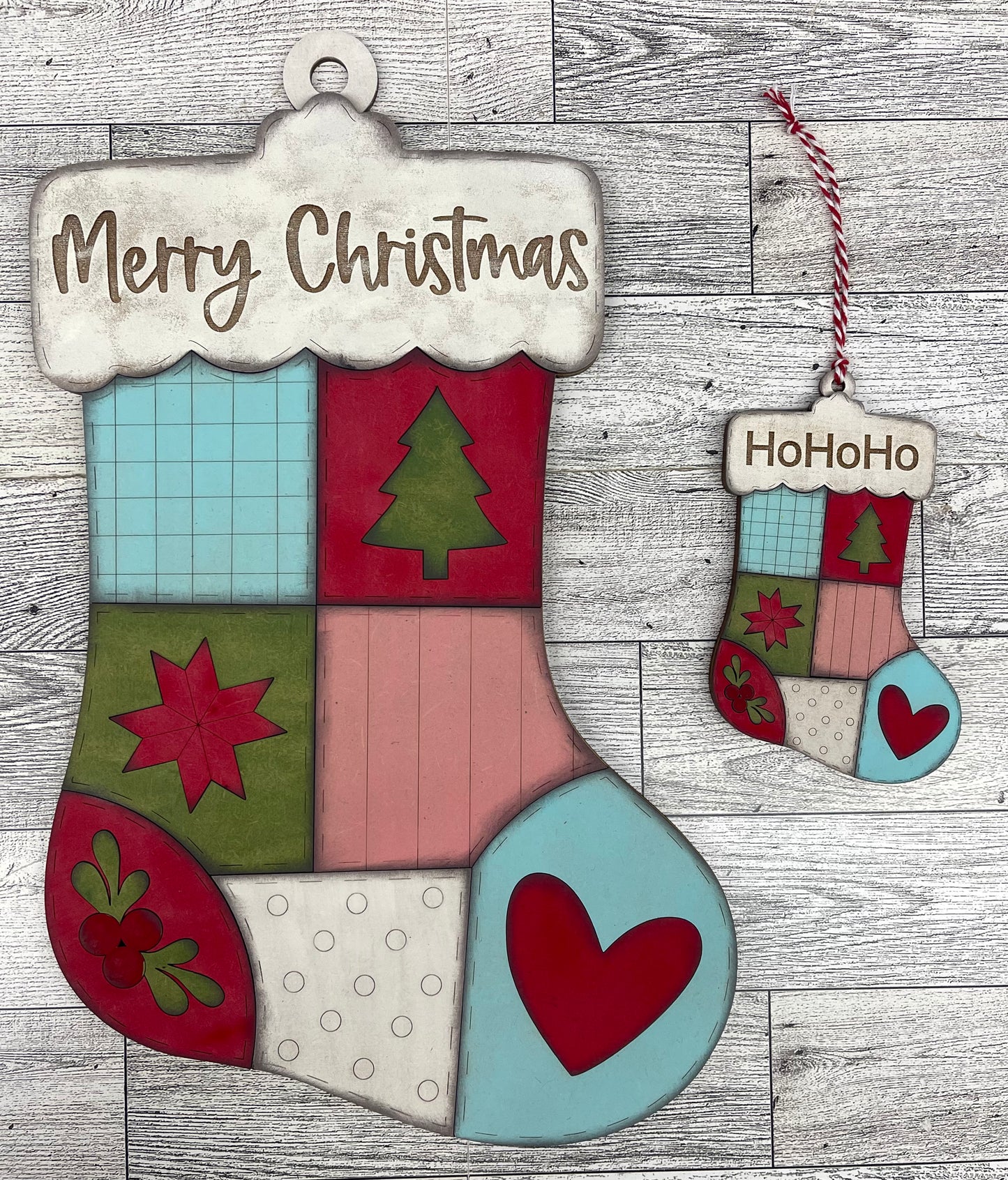 Large Patchwork stocking unpainted wood cutouts, ready for you to paint
