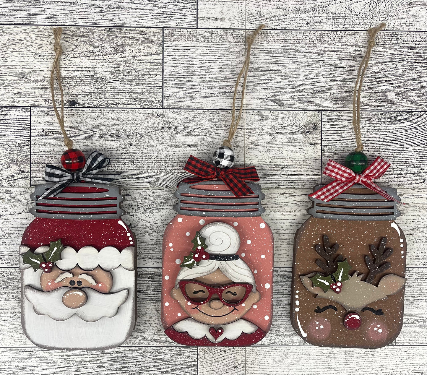 Santa, Mrs. Claus and Reindeer Mason Jar Christmas Ornaments Set of 3 unpainted cutouts