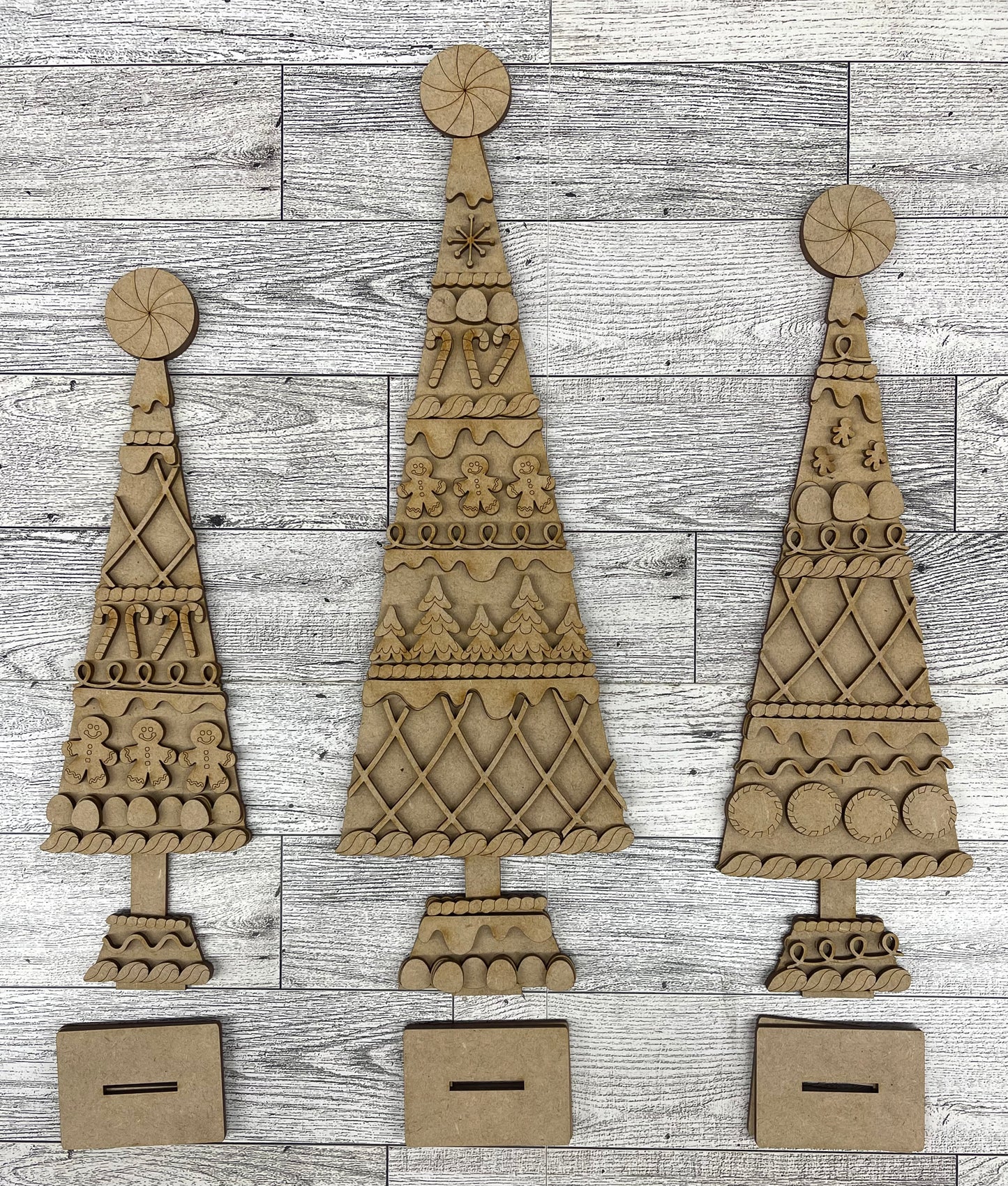 Gingerbread Tree Stander Trio - unpainted cutouts, ready for you to paint