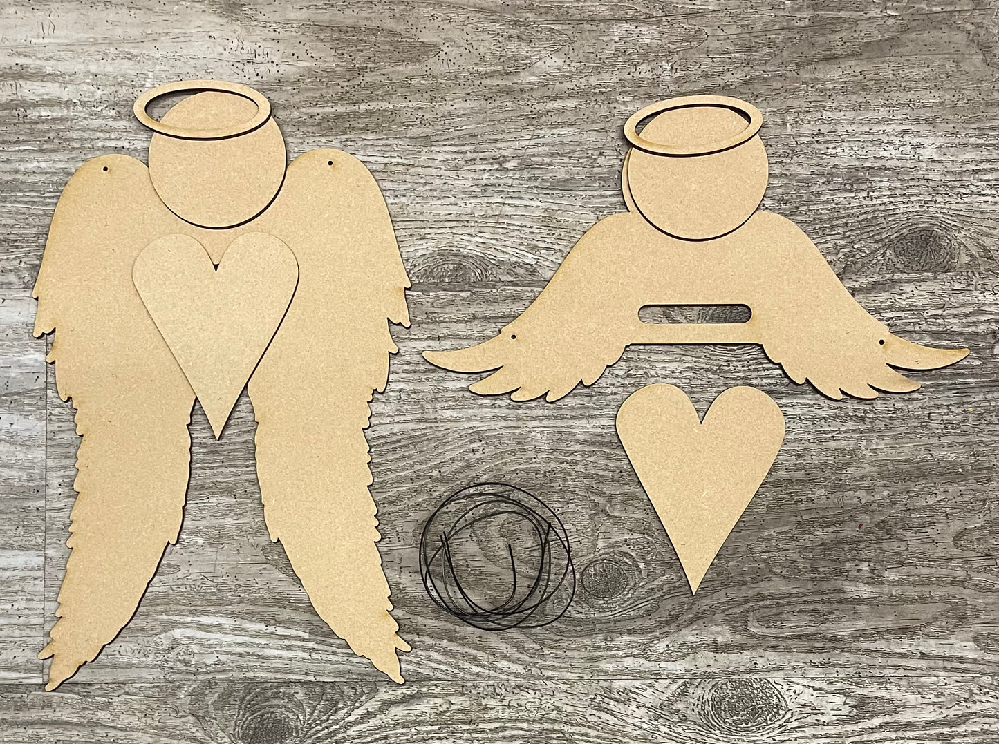 Two Angels hanging - wood pieces and wire - unpainted wood cutouts, ready for you to paint, fabric and ribbon not included