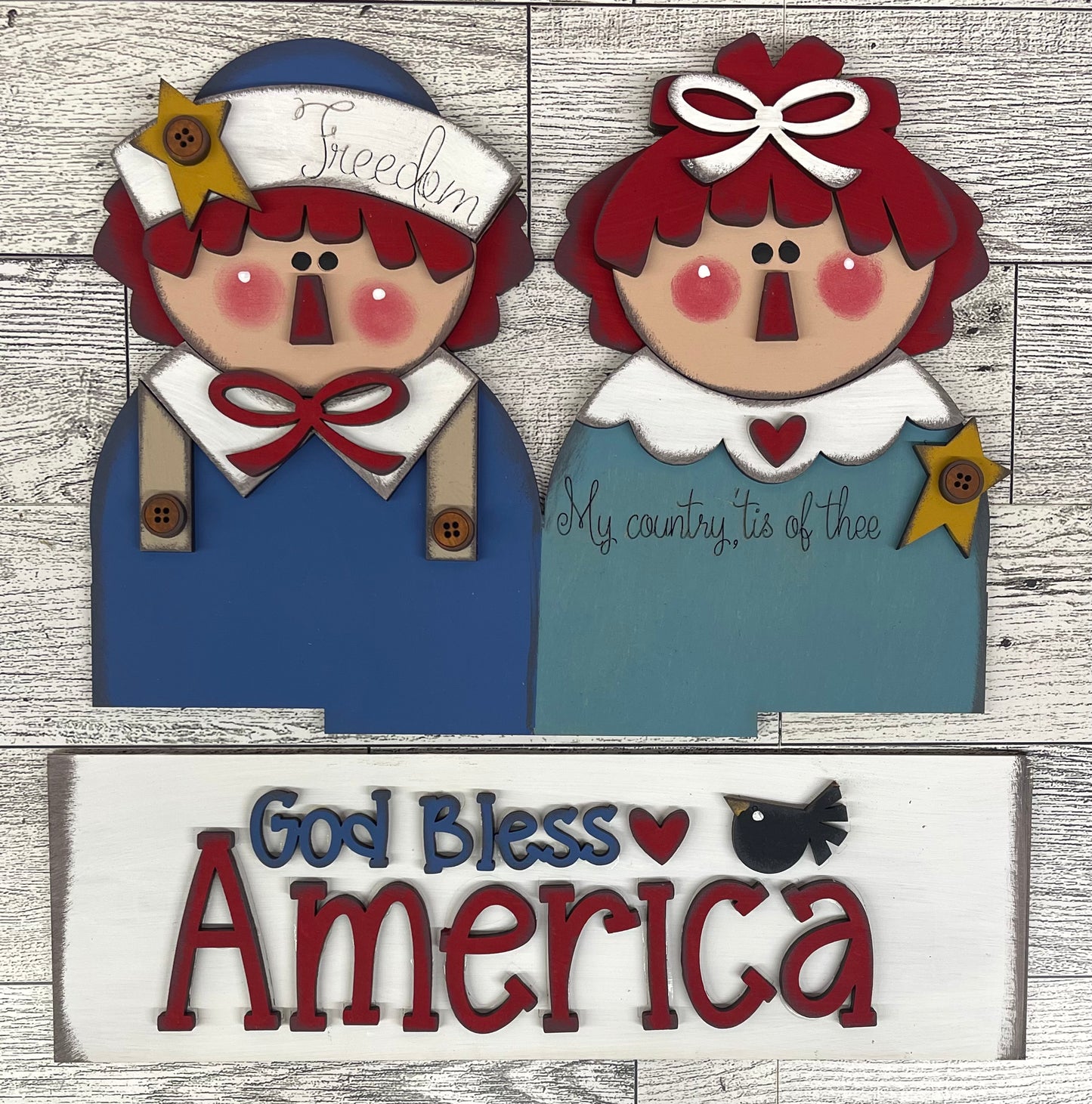 Prim Raggedy Ann & Andy Patriotic - Insert for Changeable Window Box unpainted wood cutouts, ready for you to paint
