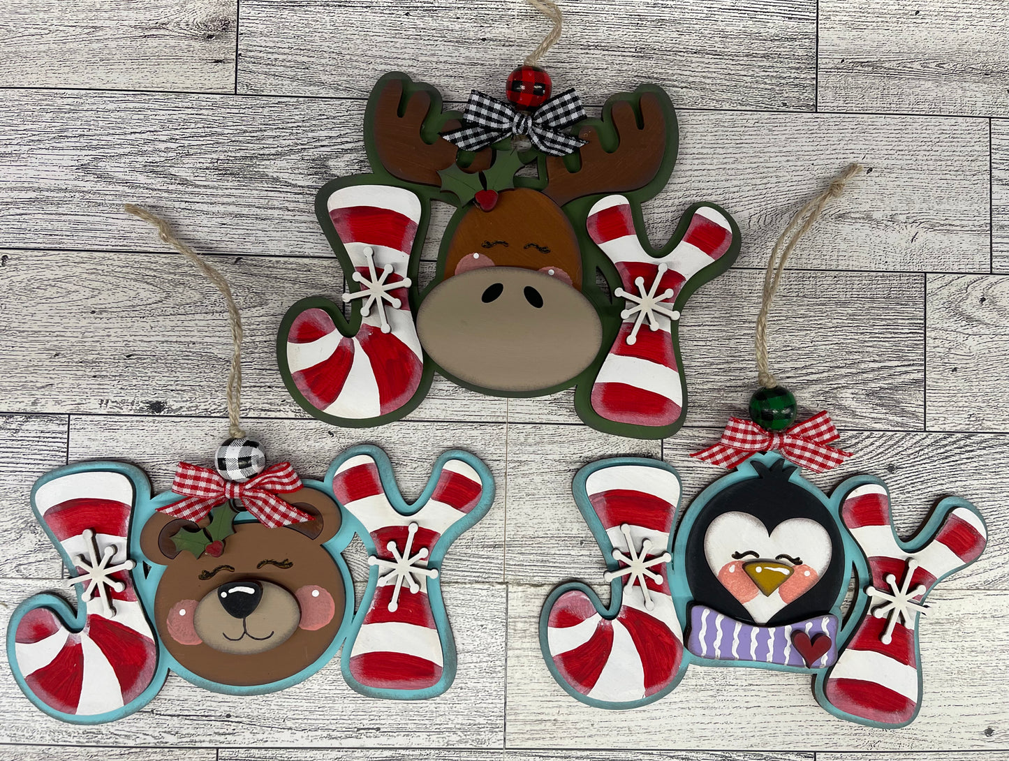 JOY Moose, Bear & Penguin Christmas Ornaments Set of 3 unpainted cutouts - ready to paint