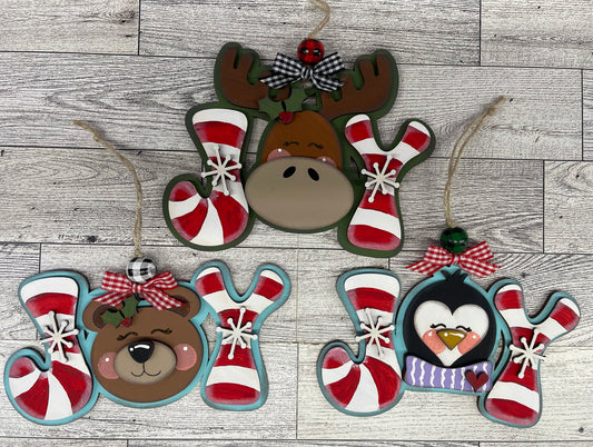 JOY Moose, Bear & Penguin Christmas Ornaments Set of 3 unpainted cutouts - ready to paint