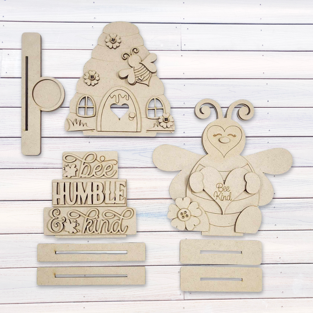 Hello Honey Collection Bee, Bee Hive and Bee Humble & Kind Word Stander - unpainted cutouts