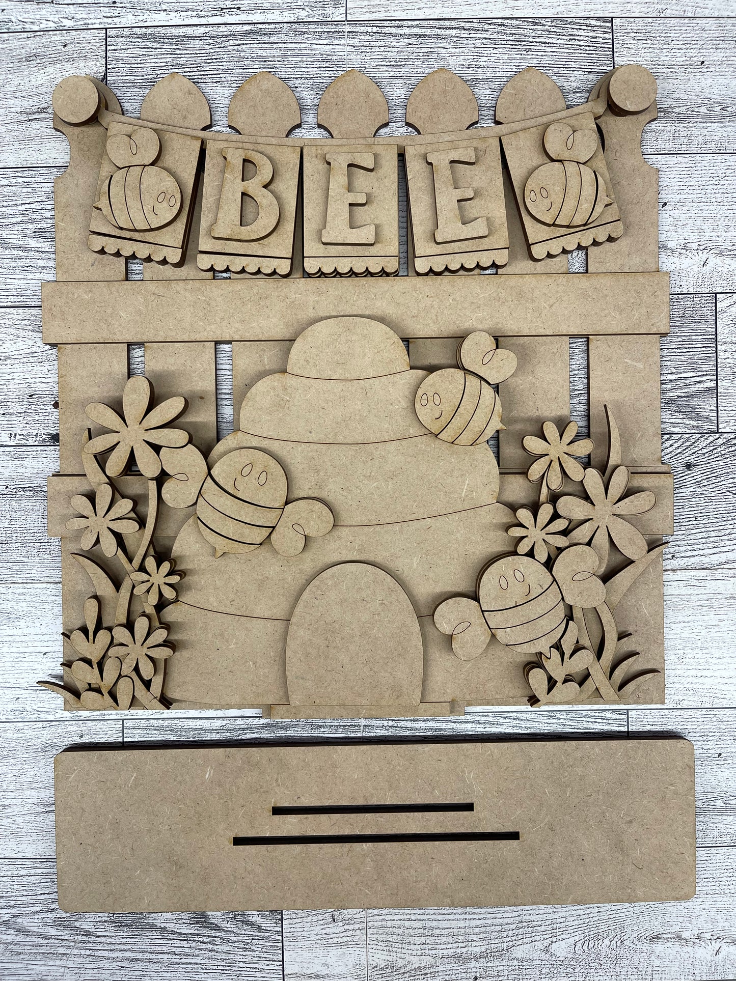 Beehive and Banner - Insert for Changeable Picket Fence unpainted wood cutouts, ready for you to paint, fence not included