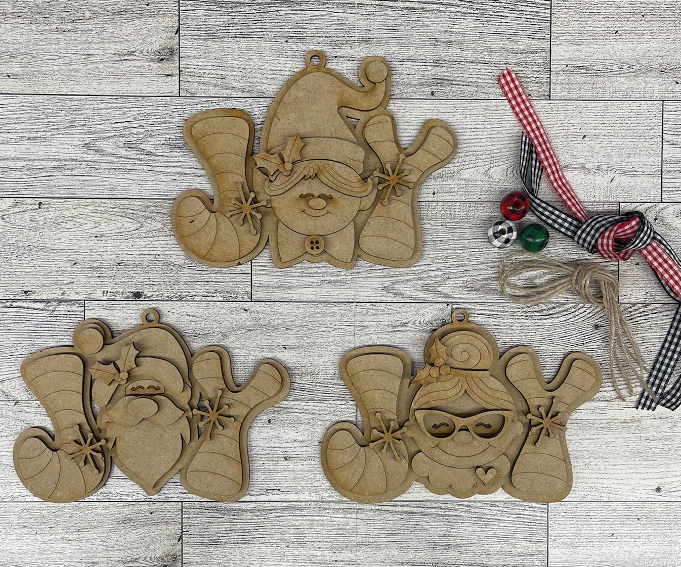 JOY Santa, Mrs. Claus and Elf Christmas Ornaments Set of 3 unpainted cutouts - ready to paint
