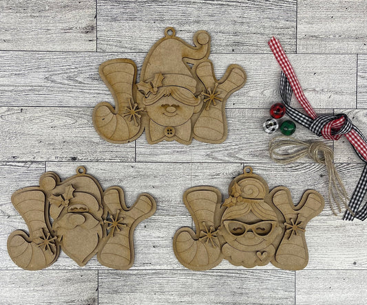JOY Santa, Mrs. Claus and Elf Christmas Ornaments Set of 3 unpainted cutouts - ready to paint