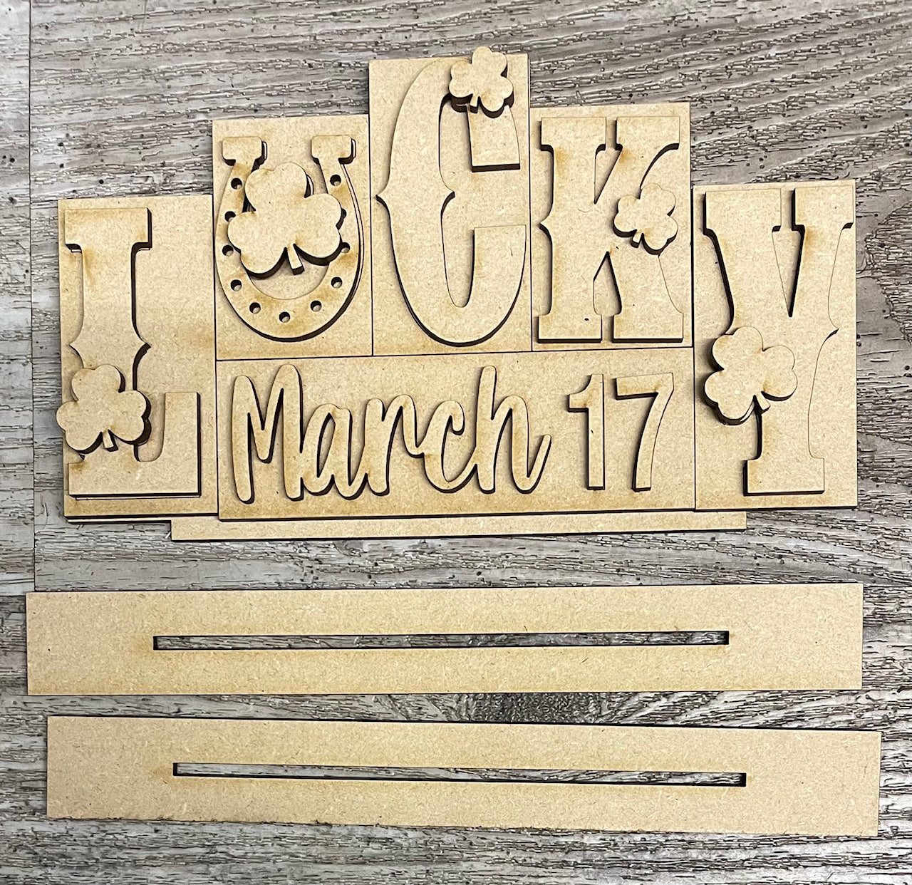 St. Patrick's Day word standers- wood pieces, unpainted wood cutouts, ready for you to paint
