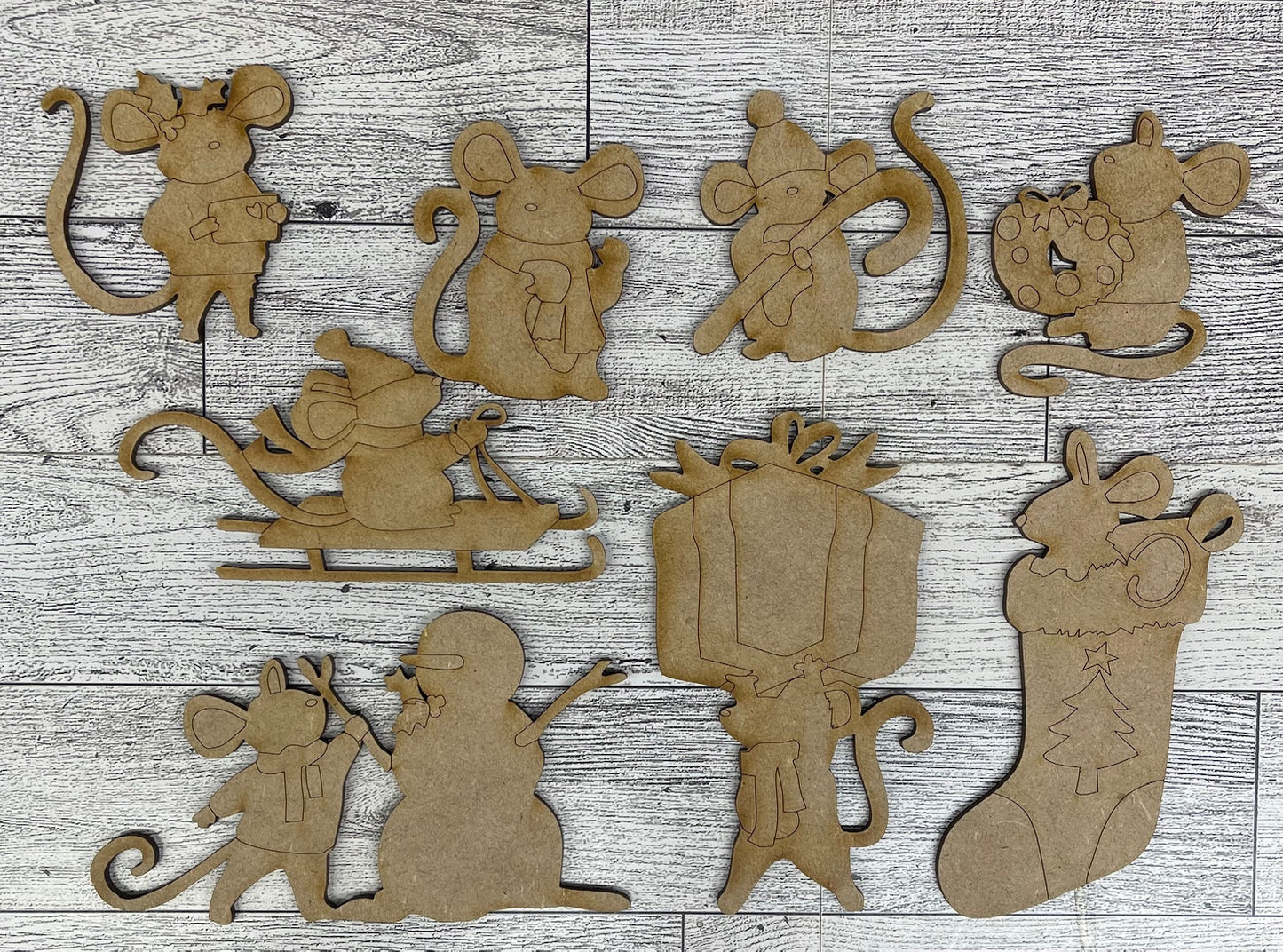 Merry Mouse cutouts - unpainted wooden cutouts, ready for you to paint