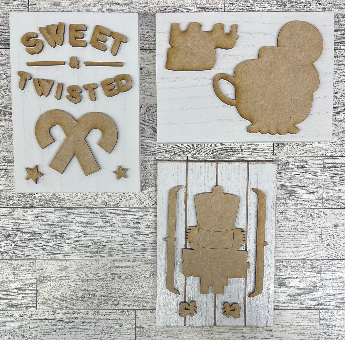 Sweet & Twisted - Gingerbread Cocoa, Nutcracker & Candy Cane cutouts - unpainted wooden cutouts, ready for you to paint