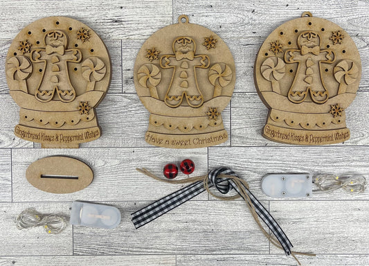Gingerbread Man - lighted Christmas Globe Ornament or Stander - unpainted wood cutouts, ready for you to paint