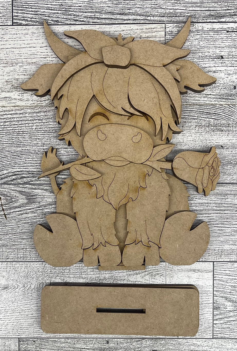 Highland Cow with Rose stander - unpainted wood cutouts, ready for you to paint