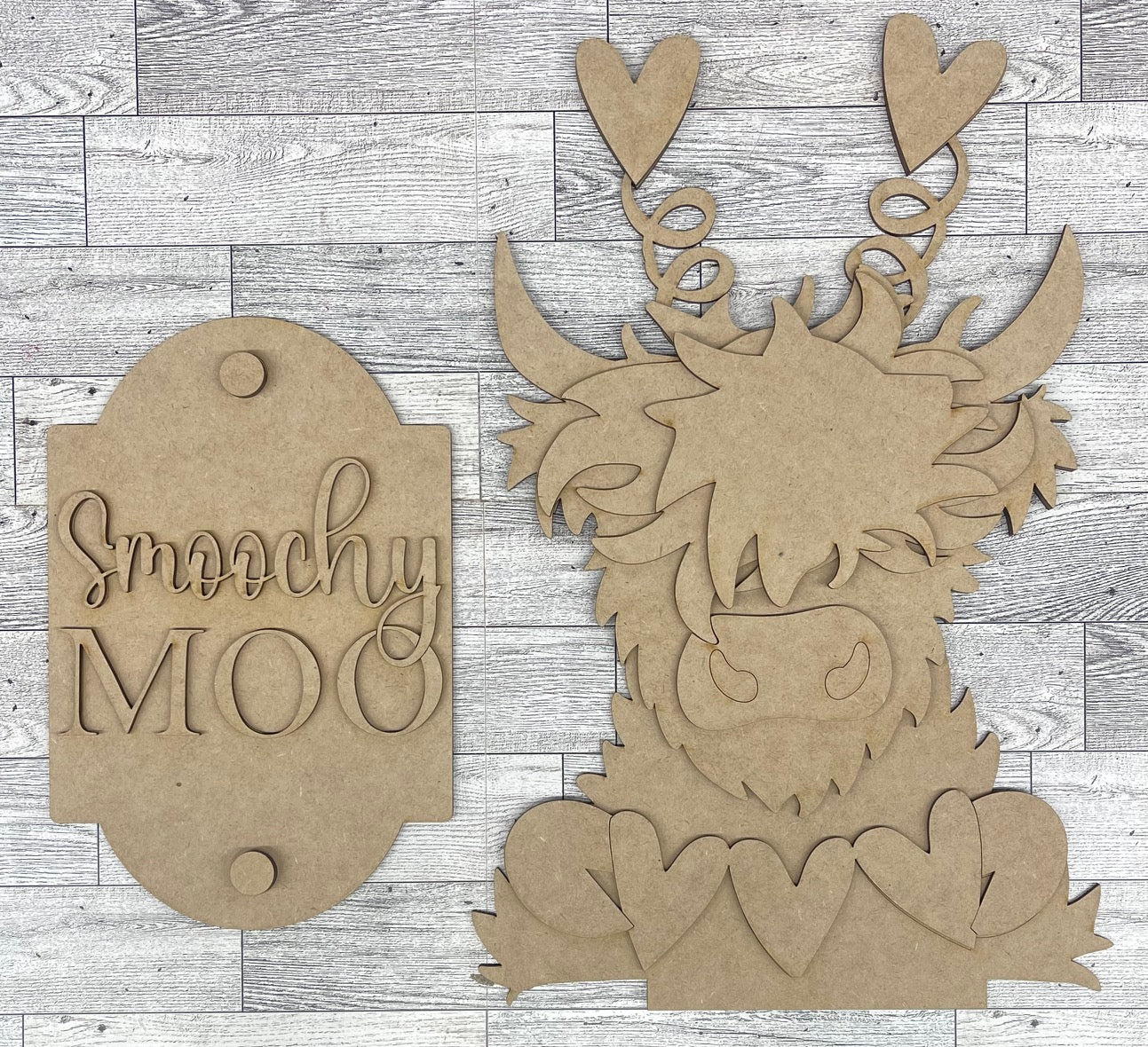 Smoochy Moo Highland Cow Valentines Bucket Porch Leaner insert only - Unpainted wood cutouts ready for you to finish