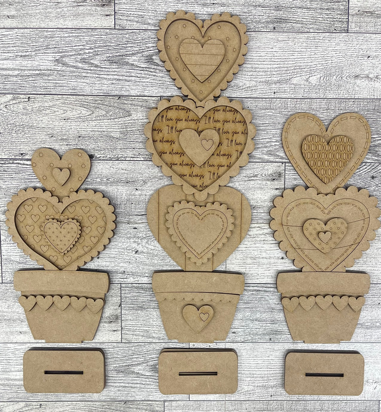 Valentine Heart Flower Pot Standers - unpainted wood cutouts, ready for you to paint