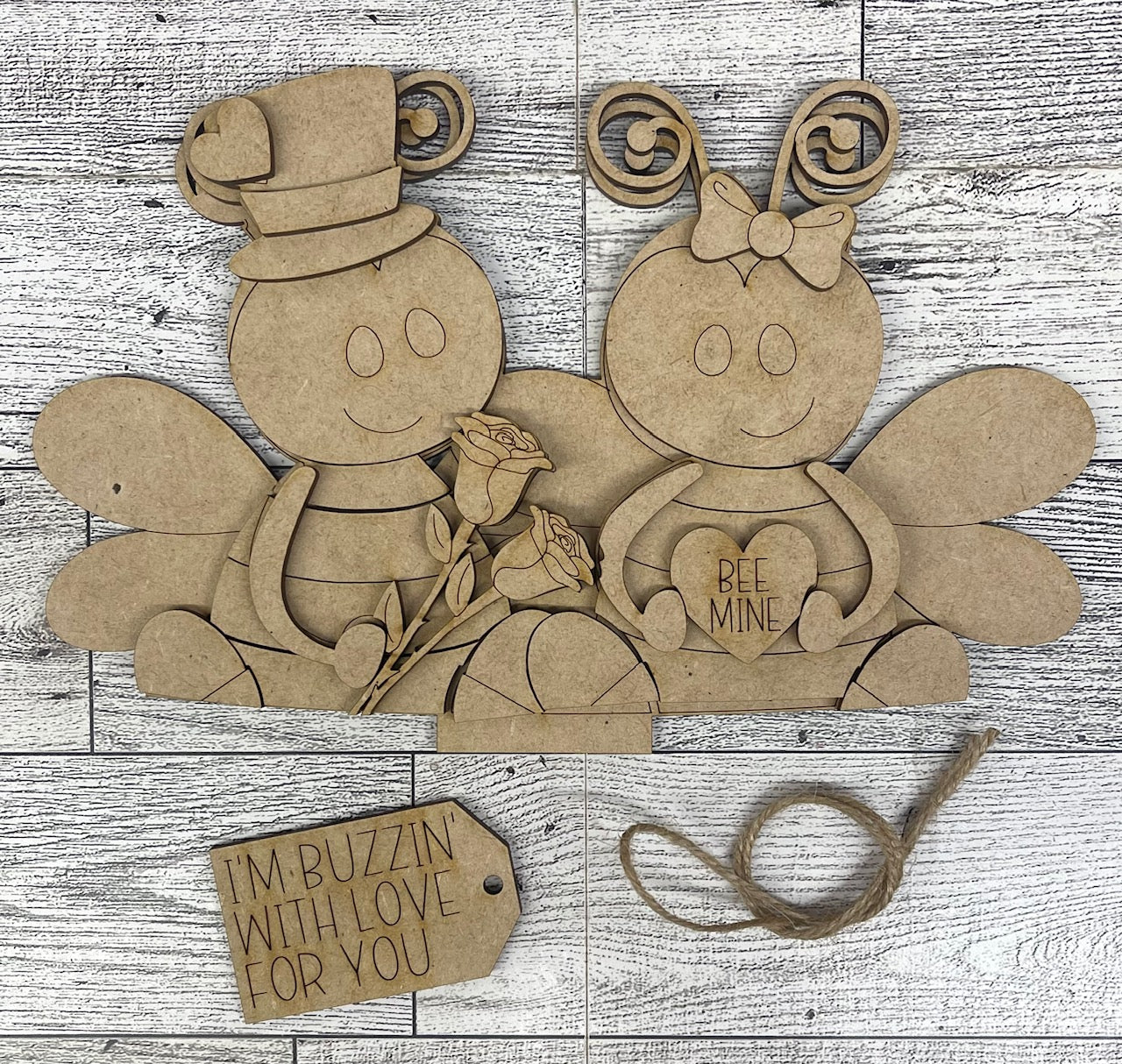 Valentine Bee Basket Insert - unpainted wood cutouts, ready for you to paint