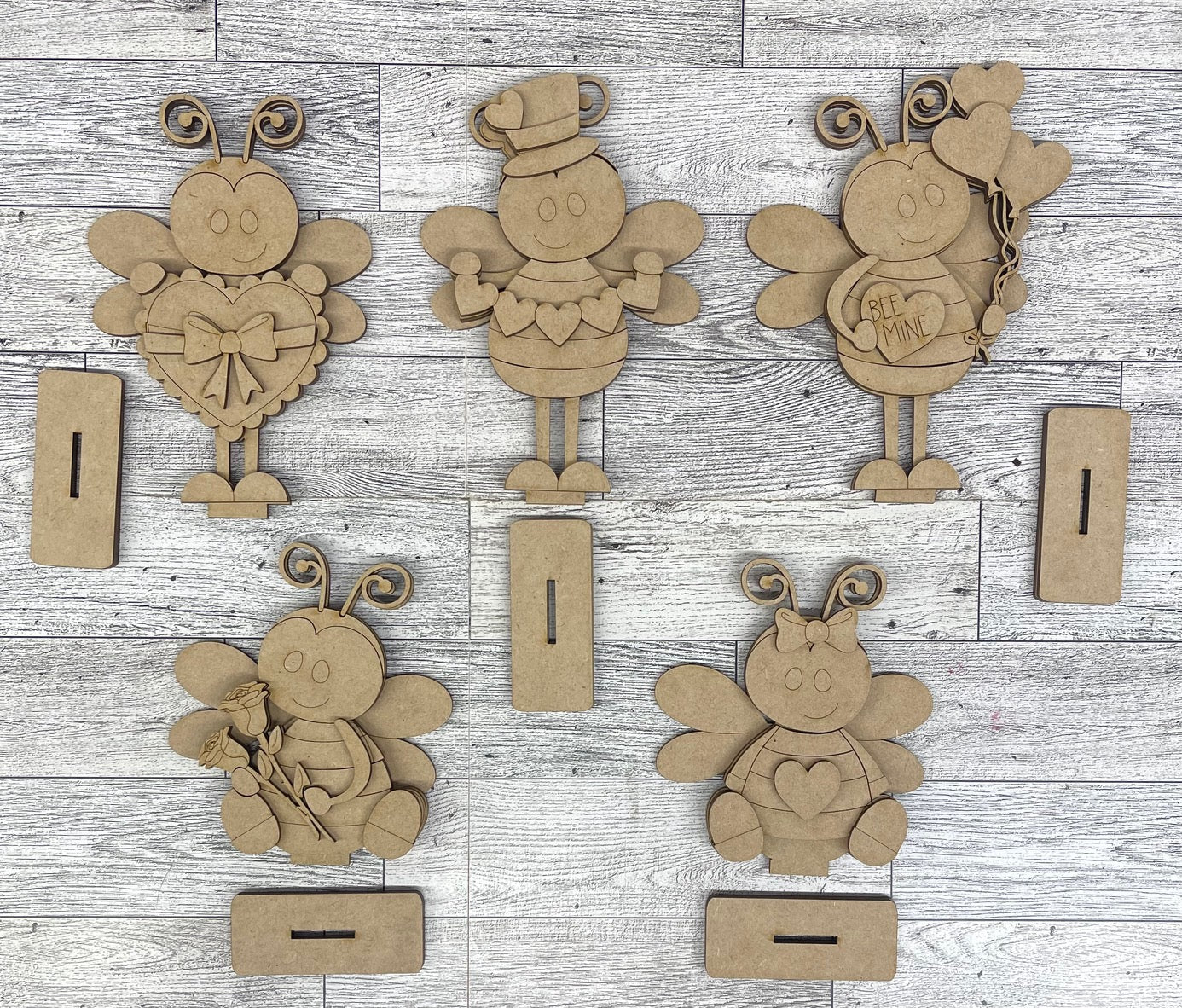 Valentine Bee Standers - unpainted wood cutouts, ready for you to paint